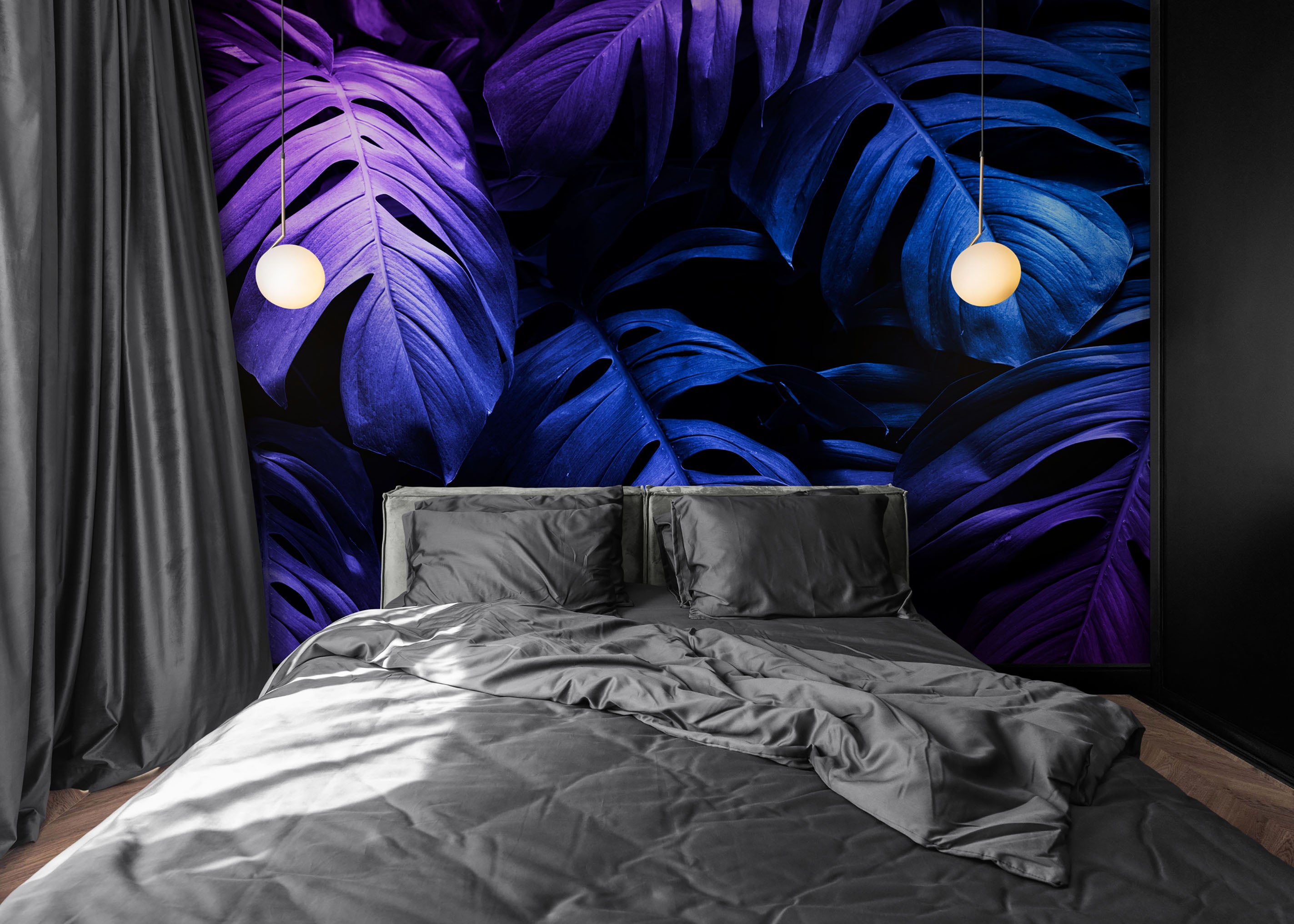 Mural de pared con hojas azules y moradas tropicales sobre fondo oscuro n.º 6445 