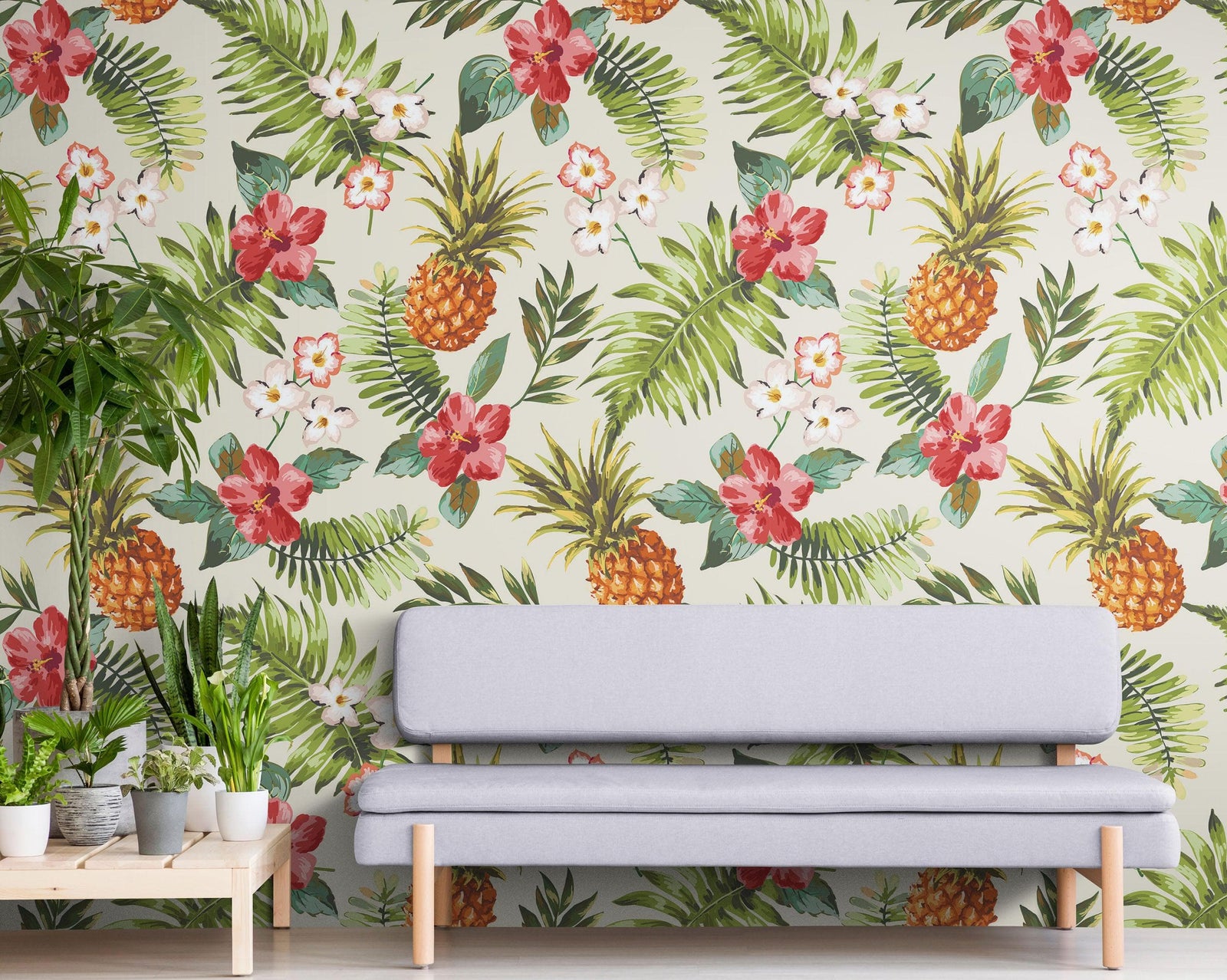 Mural de pared con ambiente tropical de piña. Papel tapiz autoadhesivo con temática hawaiana. Decoración con temática de ambiente paradisíaco. N.º 6447
