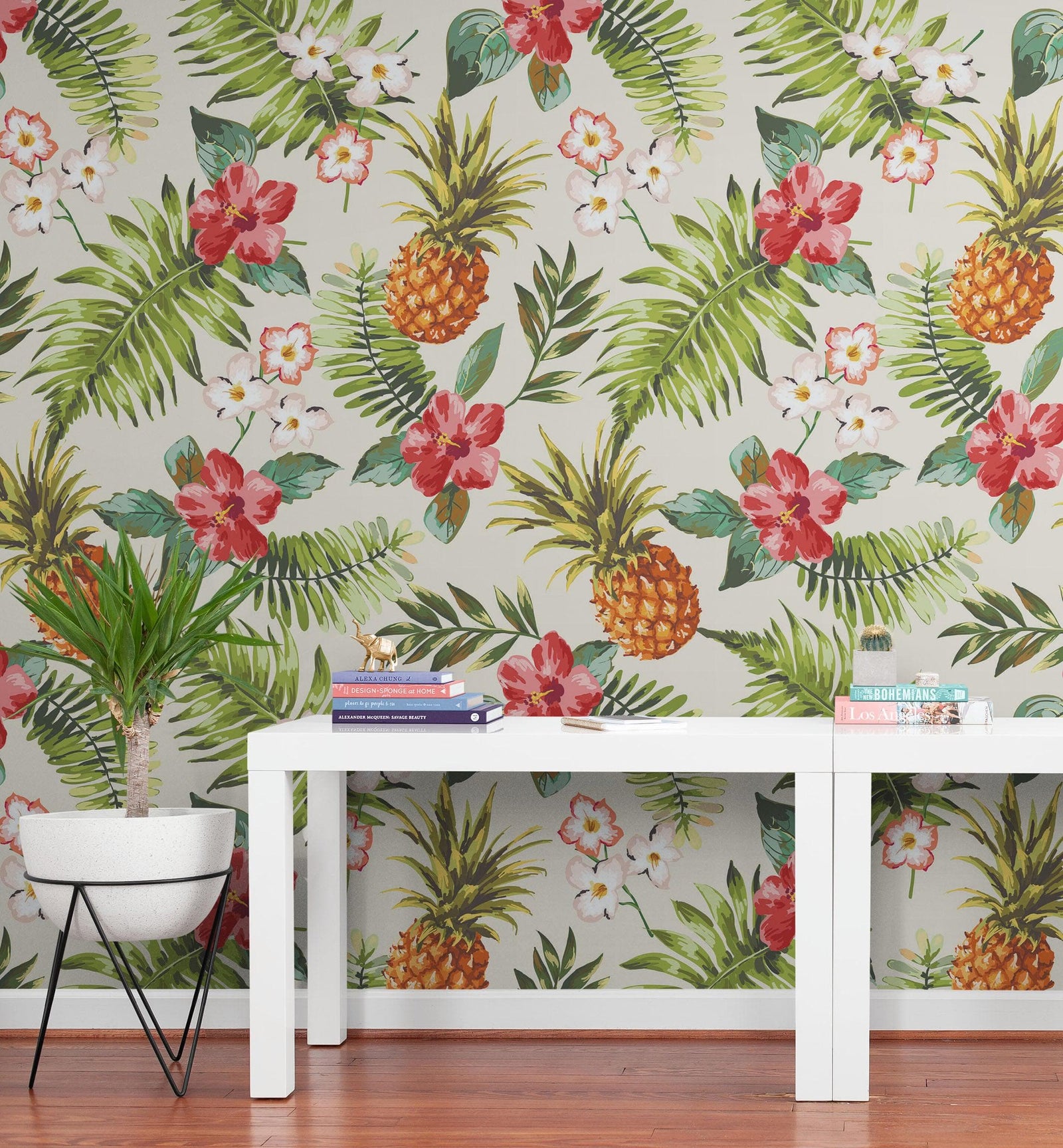 Mural de pared con ambiente tropical de piña. Papel tapiz autoadhesivo con temática hawaiana. Decoración con temática de ambiente paradisíaco. N.º 6447