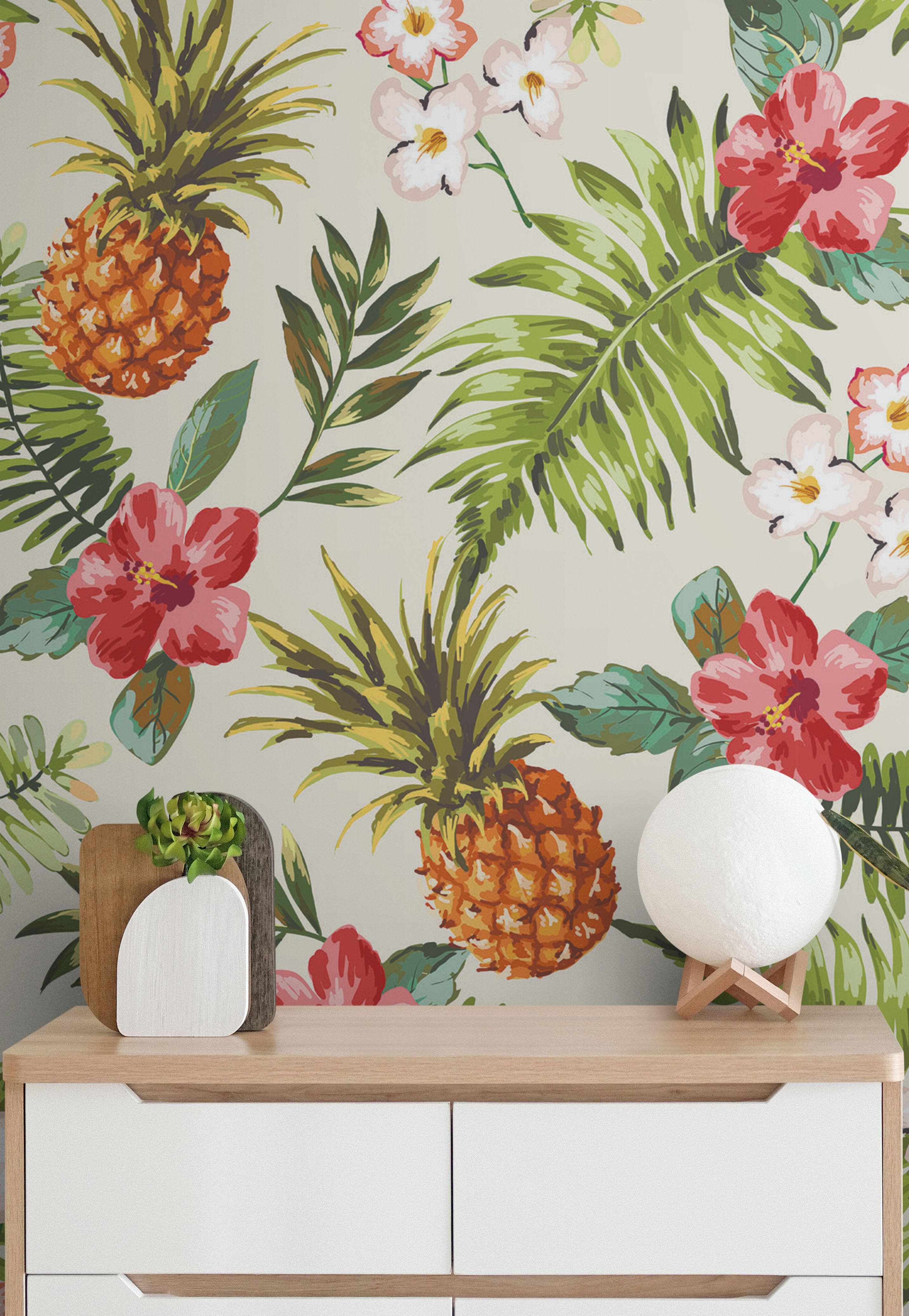 Mural de pared con ambiente tropical de piña. Papel tapiz autoadhesivo con temática hawaiana. Decoración con temática de ambiente paradisíaco. N.º 6447