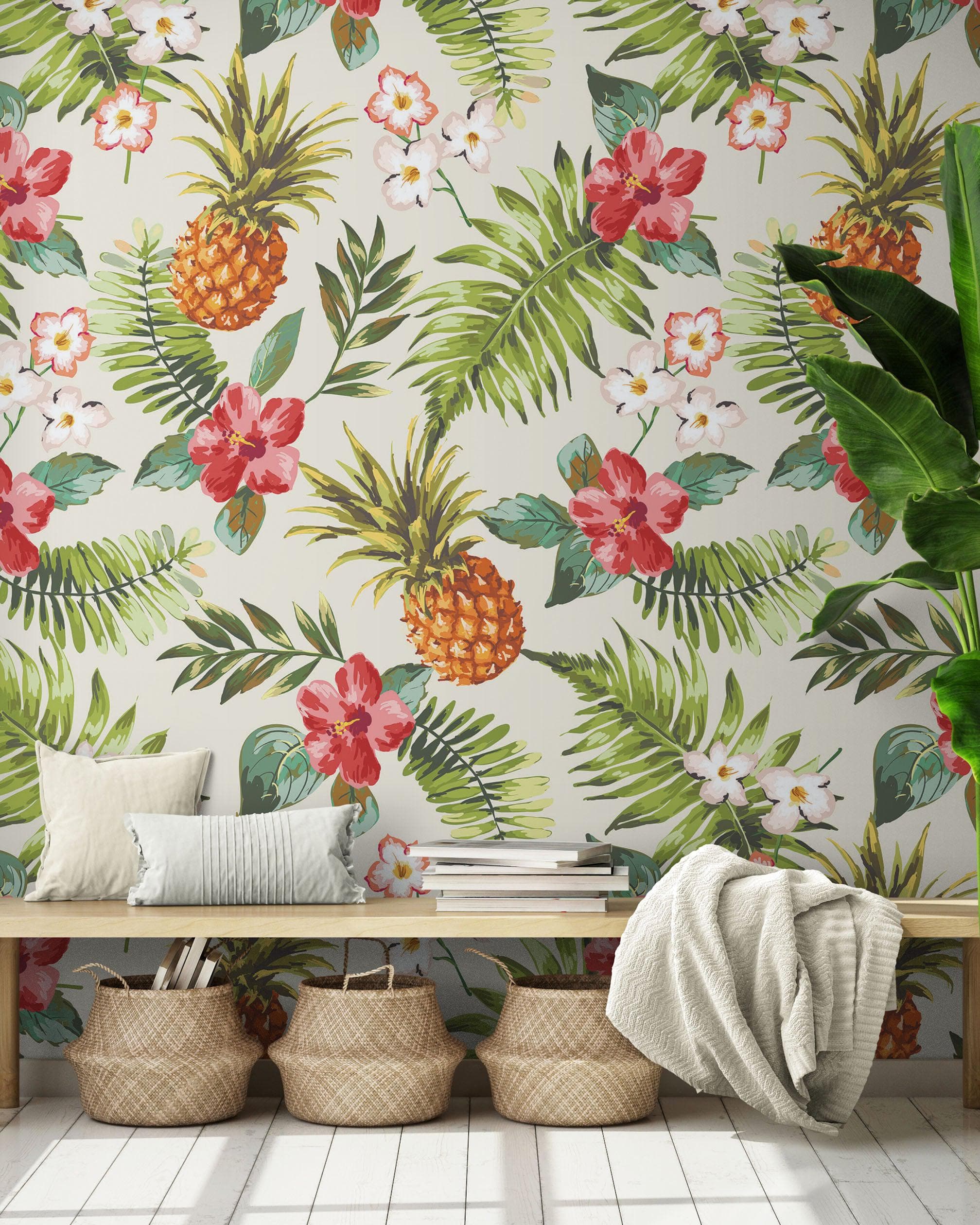 Mural de pared con ambiente tropical de piña. Papel tapiz autoadhesivo con temática hawaiana. Decoración con temática de ambiente paradisíaco. N.º 6447