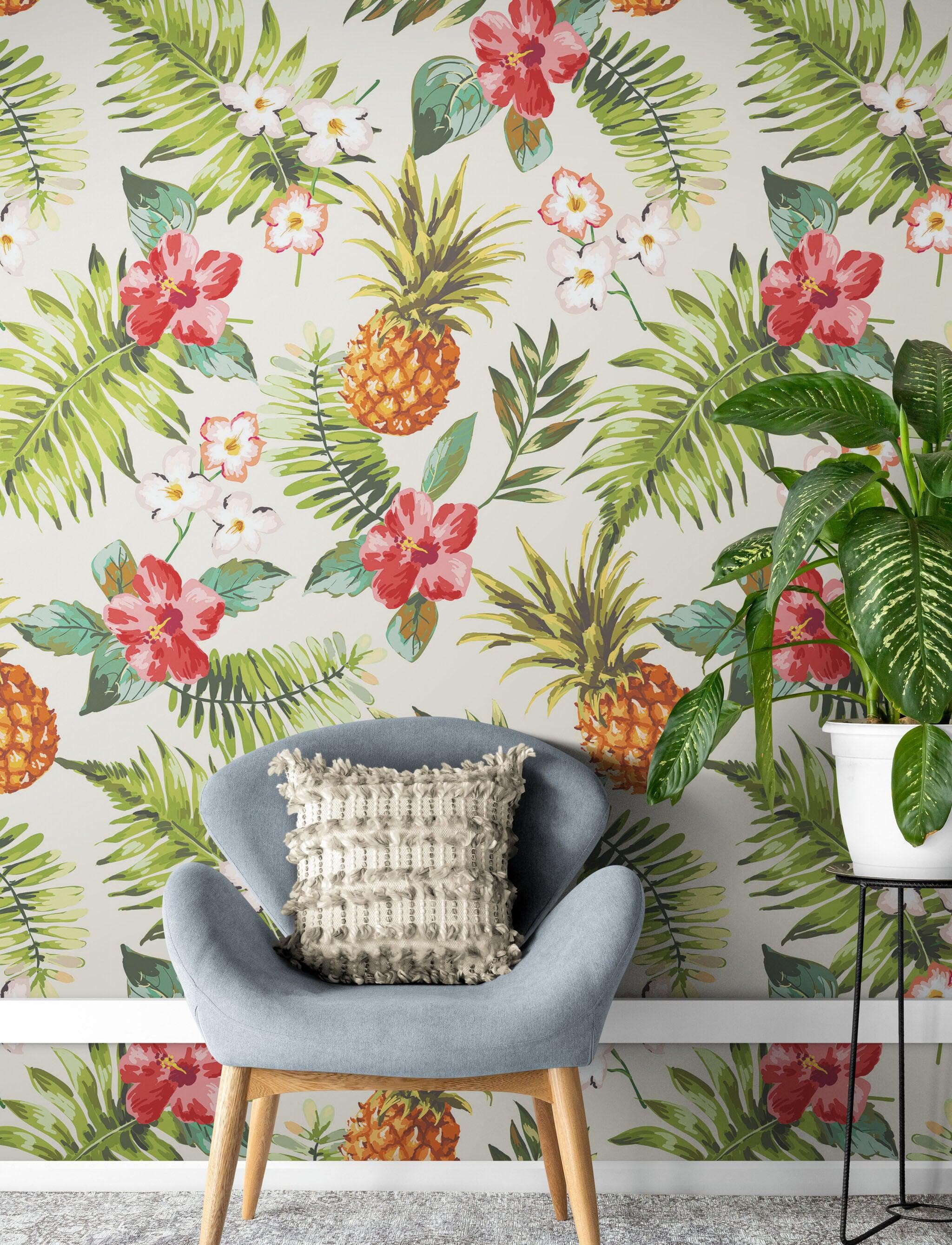 Mural de pared con ambiente tropical de piña. Papel tapiz autoadhesivo con temática hawaiana. Decoración con temática de ambiente paradisíaco. N.º 6447