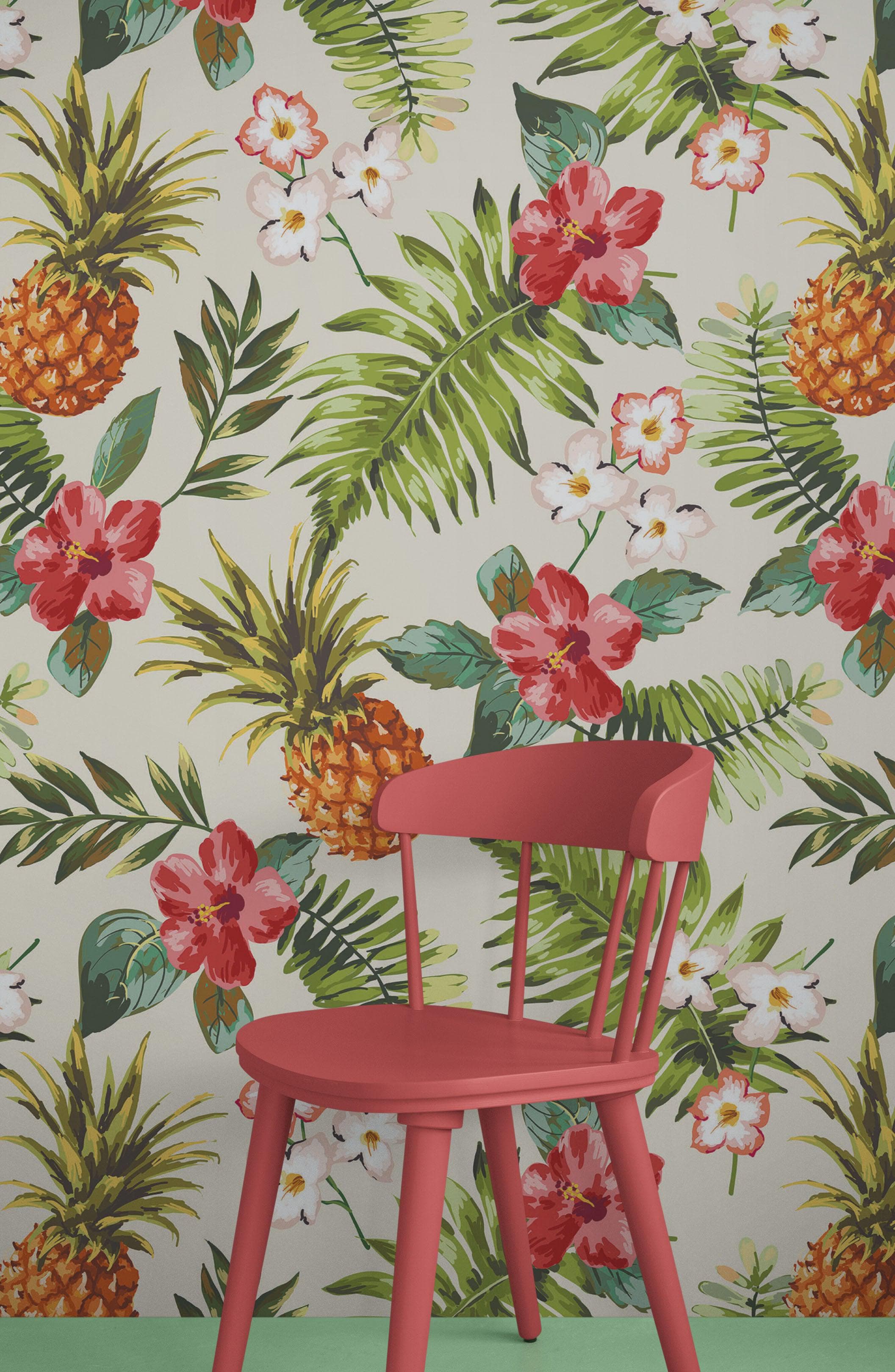 Mural de pared con ambiente tropical de piña. Papel tapiz autoadhesivo con temática hawaiana. Decoración con temática de ambiente paradisíaco. N.º 6447