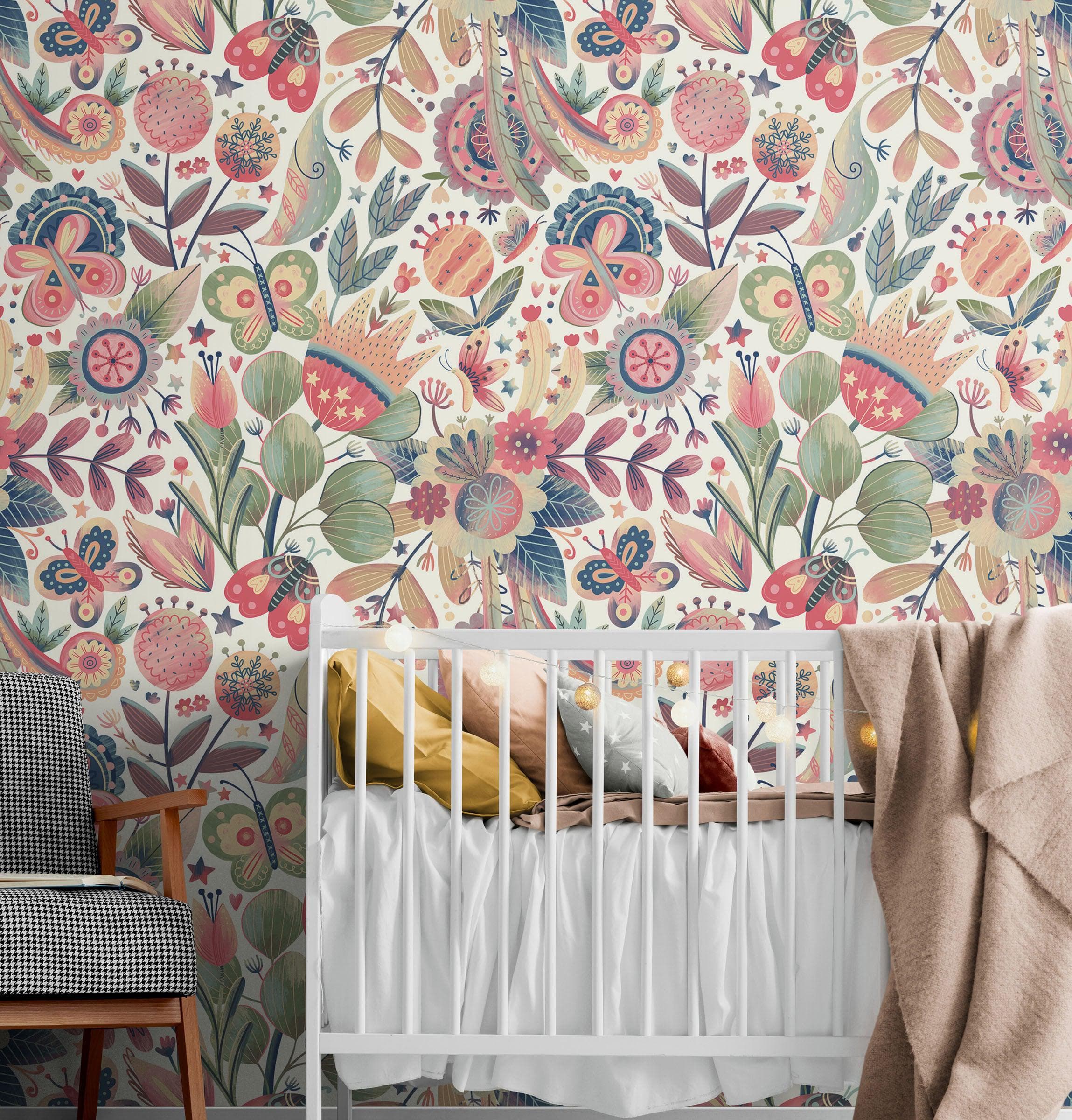 Mural de pared con ilustración de jardín de flores. Decoración de pared con estampado de colores pastel para habitación de bebé, dormitorio o niño. Papel tapiz autoadhesivo. N.º 6448