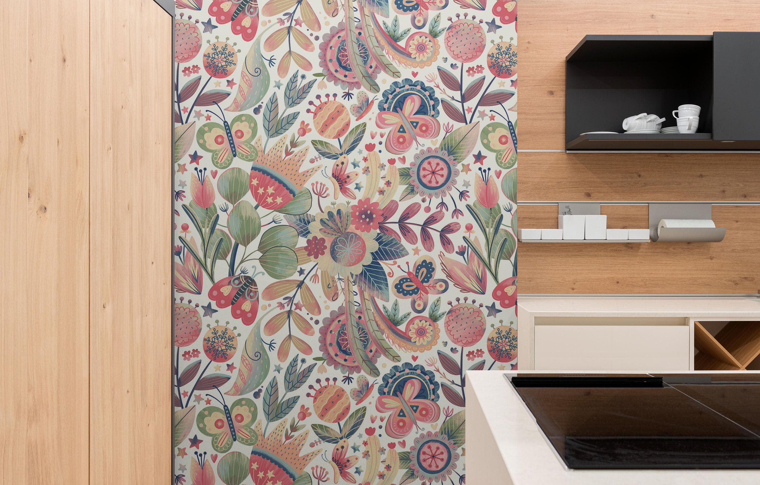 Mural de pared con ilustración de jardín de flores. Decoración de pared con estampado de colores pastel para habitación de bebé, dormitorio o niño. Papel tapiz autoadhesivo. N.º 6448