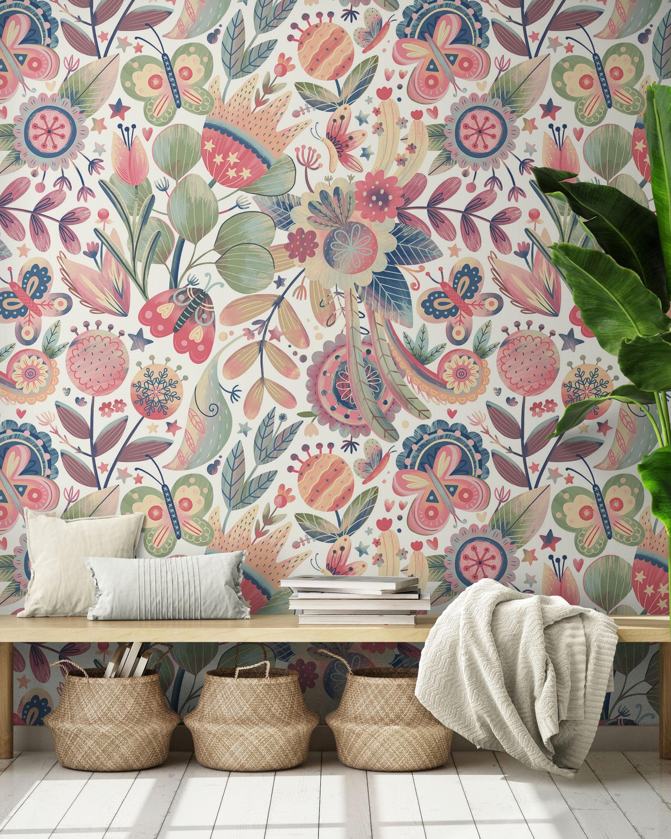 Mural de pared con ilustración de jardín de flores. Decoración de pared con estampado de colores pastel para habitación de bebé, dormitorio o niño. Papel tapiz autoadhesivo. N.º 6448