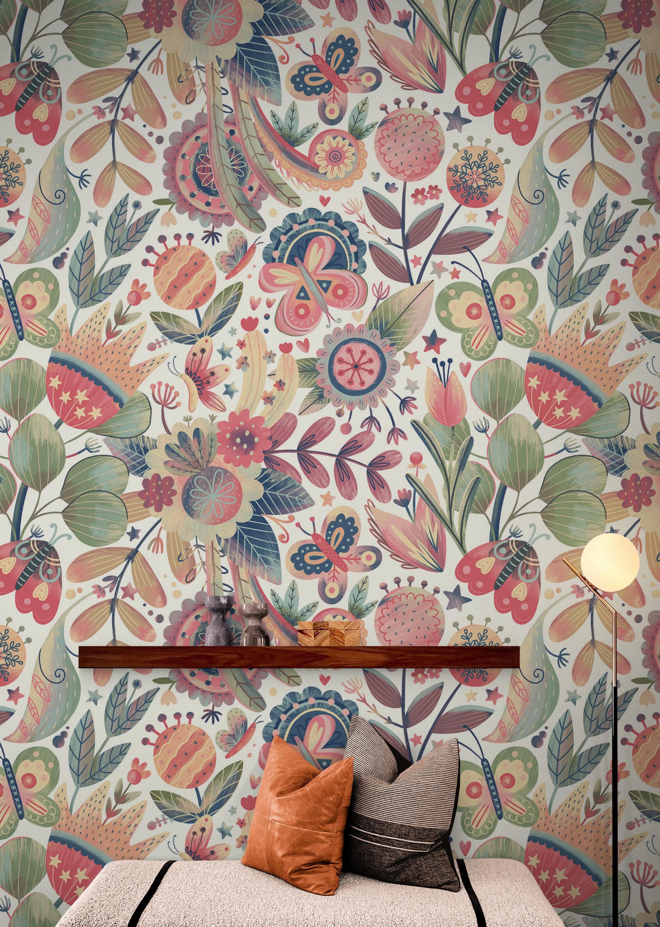Mural de pared con ilustración de jardín de flores. Decoración de pared con estampado de colores pastel para habitación de bebé, dormitorio o niño. Papel tapiz autoadhesivo. N.º 6448