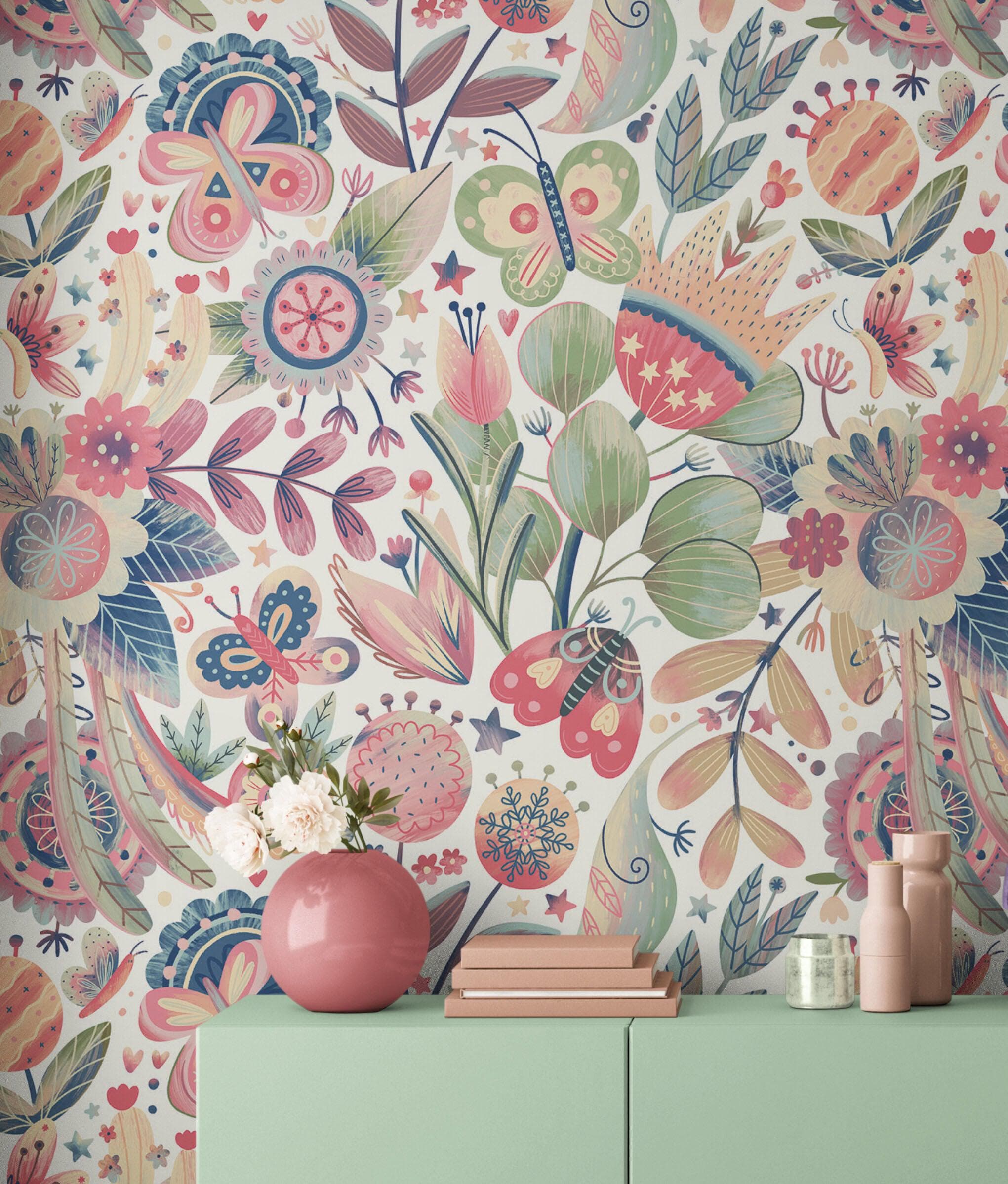 Mural de pared con ilustración de jardín de flores. Decoración de pared con estampado de colores pastel para habitación de bebé, dormitorio o niño. Papel tapiz autoadhesivo. N.º 6448
