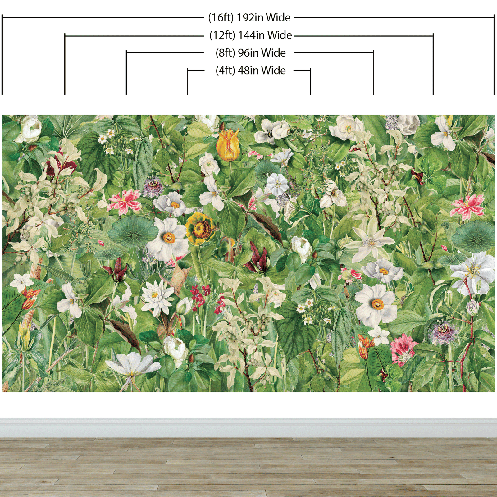 Mural de pared con jardín botánico y vegetación. Ilustración con lápices de colores de papel tapiz despegable y adhesivo de jardín de flores. Fondo de hojas y flores botánicas de selva tropical. #6449