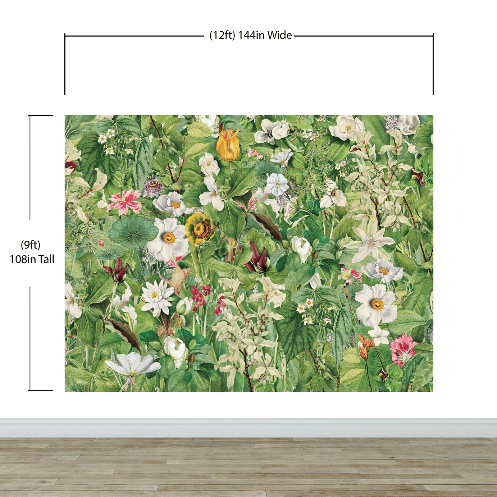 Mural de pared con jardín botánico y vegetación. Ilustración con lápices de colores de papel tapiz despegable y adhesivo de jardín de flores. Fondo de hojas y flores botánicas de selva tropical. #6449