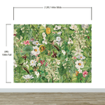 Mural de pared con jardín botánico y vegetación. Ilustración con lápices de colores de papel tapiz despegable y adhesivo de jardín de flores. Fondo de hojas y flores botánicas de selva tropical. #6449