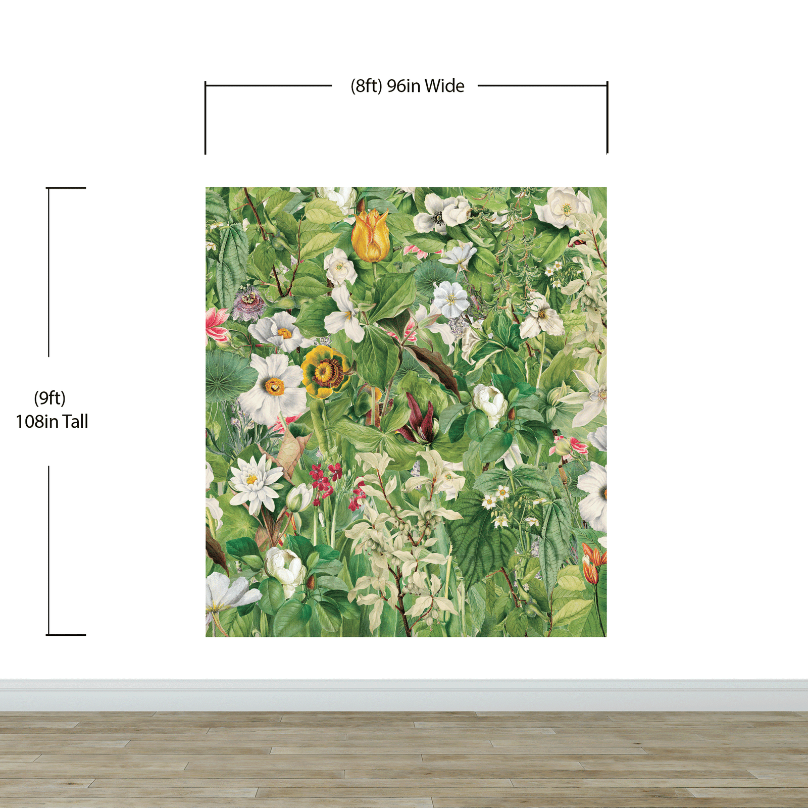 Mural de pared con jardín botánico y vegetación. Ilustración con lápices de colores de papel tapiz despegable y adhesivo de jardín de flores. Fondo de hojas y flores botánicas de selva tropical. #6449