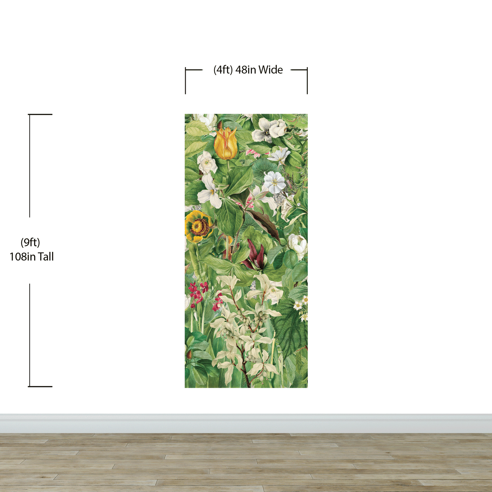 Mural de pared con jardín botánico y vegetación. Ilustración con lápices de colores de papel tapiz despegable y adhesivo de jardín de flores. Fondo de hojas y flores botánicas de selva tropical. #6449