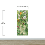 Mural de pared con jardín botánico y vegetación. Ilustración con lápices de colores de papel tapiz despegable y adhesivo de jardín de flores. Fondo de hojas y flores botánicas de selva tropical. #6449