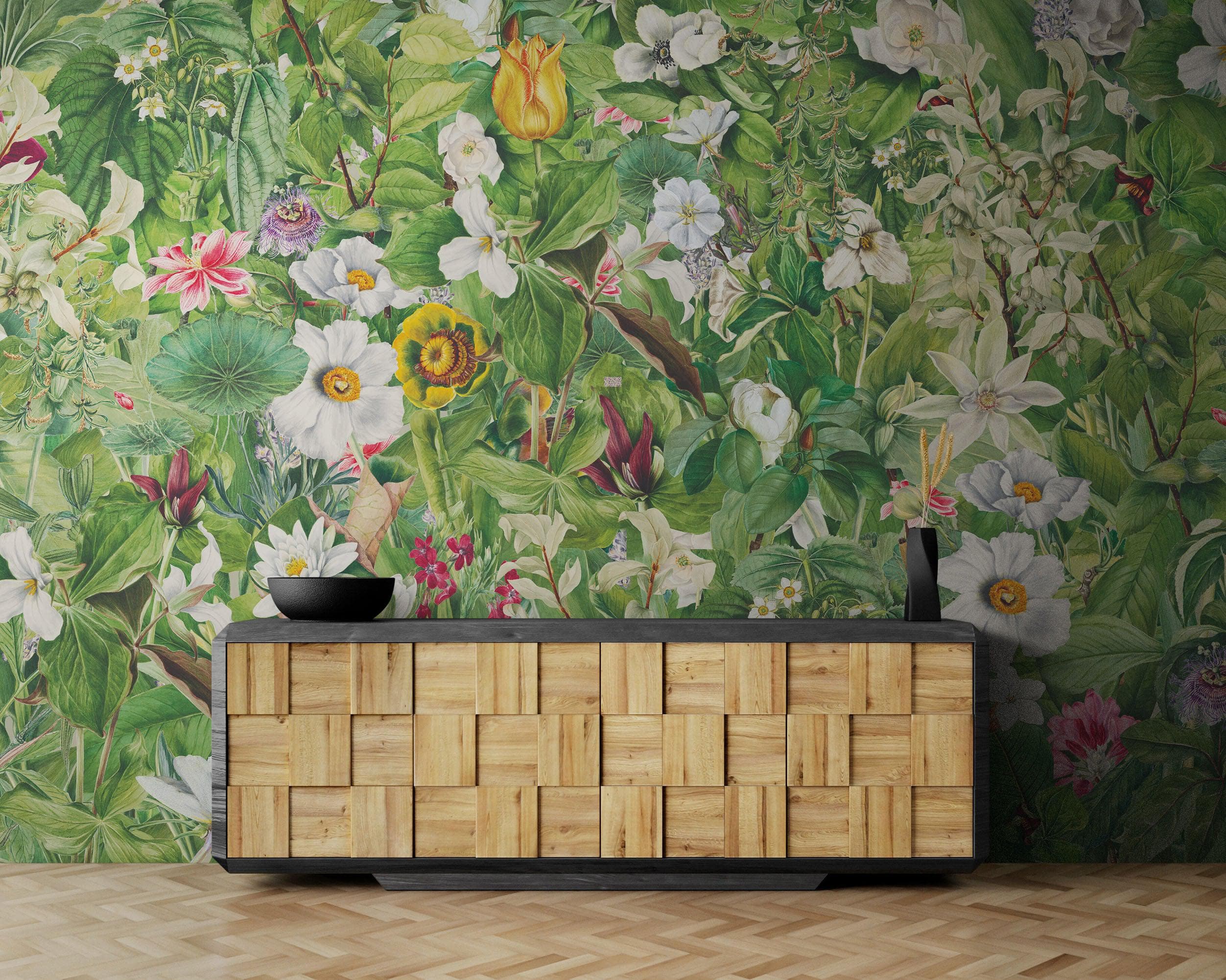 Mural de pared con jardín botánico y vegetación. Ilustración con lápices de colores de papel tapiz despegable y adhesivo de jardín de flores. Fondo de hojas y flores botánicas de selva tropical. #6449