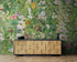 Mural de pared con jardín botánico y vegetación. Ilustración con lápices de colores de papel tapiz despegable y adhesivo de jardín de flores. Fondo de hojas y flores botánicas de selva tropical. #6449