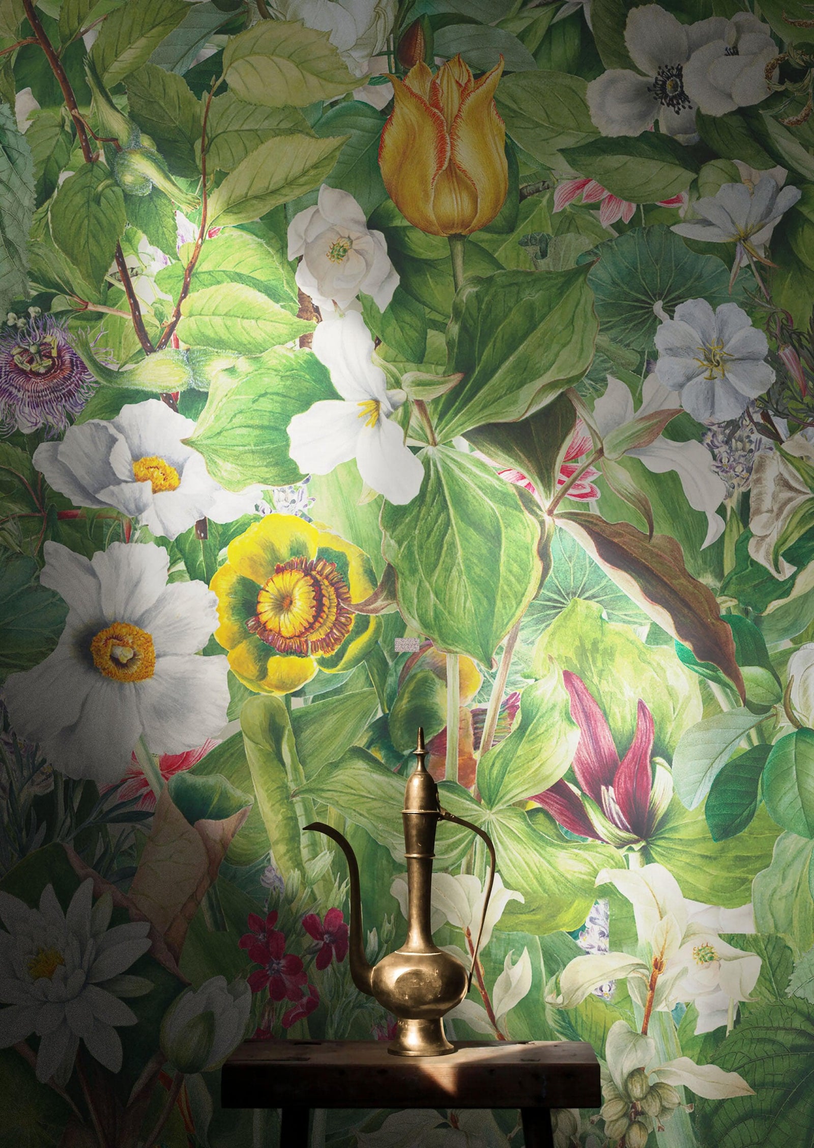 Mural de pared con jardín botánico y vegetación. Ilustración con lápices de colores de papel tapiz despegable y adhesivo de jardín de flores. Fondo de hojas y flores botánicas de selva tropical. #6449