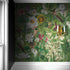 Mural de pared con jardín botánico y vegetación. Ilustración con lápices de colores de papel tapiz despegable y adhesivo de jardín de flores. Fondo de hojas y flores botánicas de selva tropical. #6449