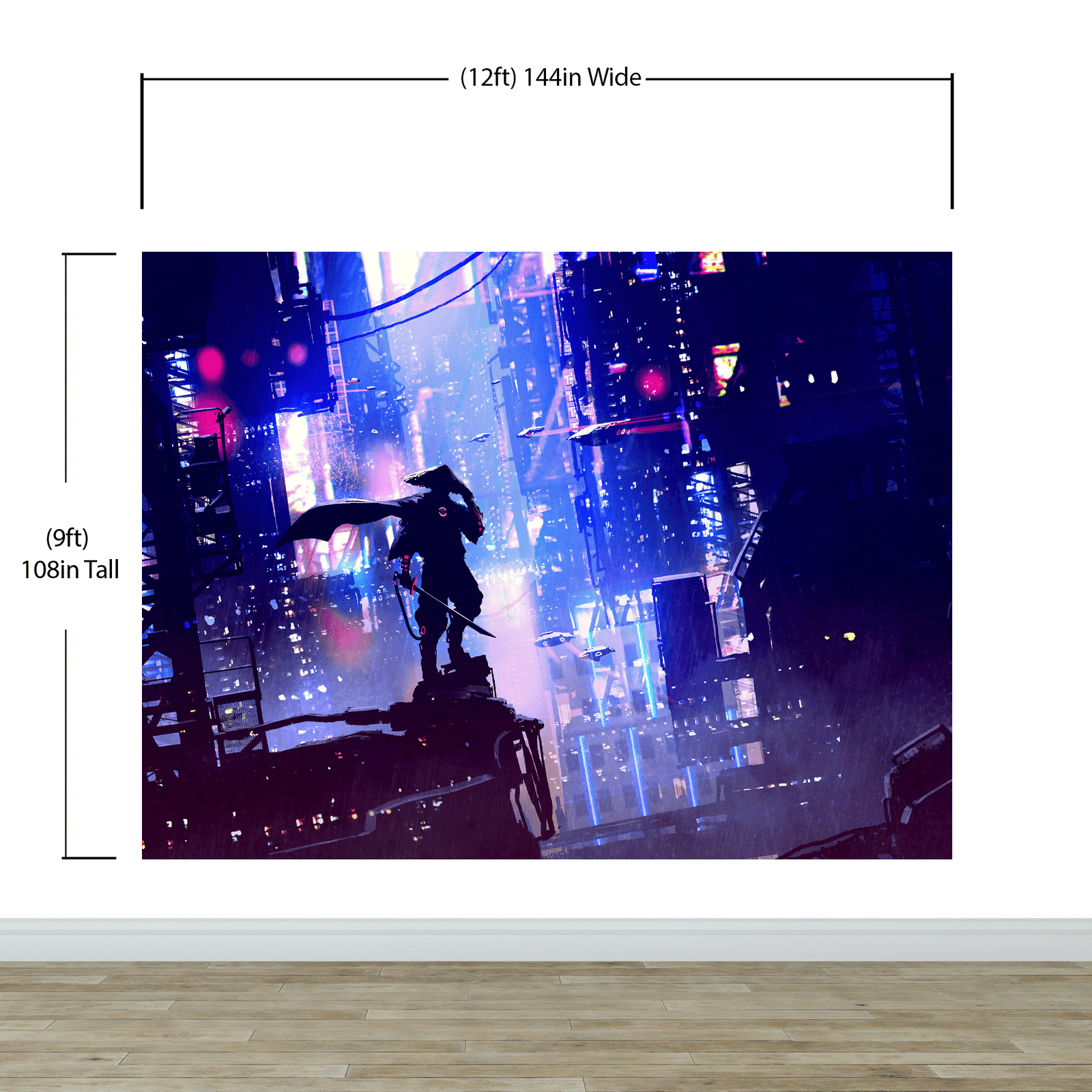 Mural de pared de samuráis japoneses en una ciudad futurista ciberpunk de Japón. #6452