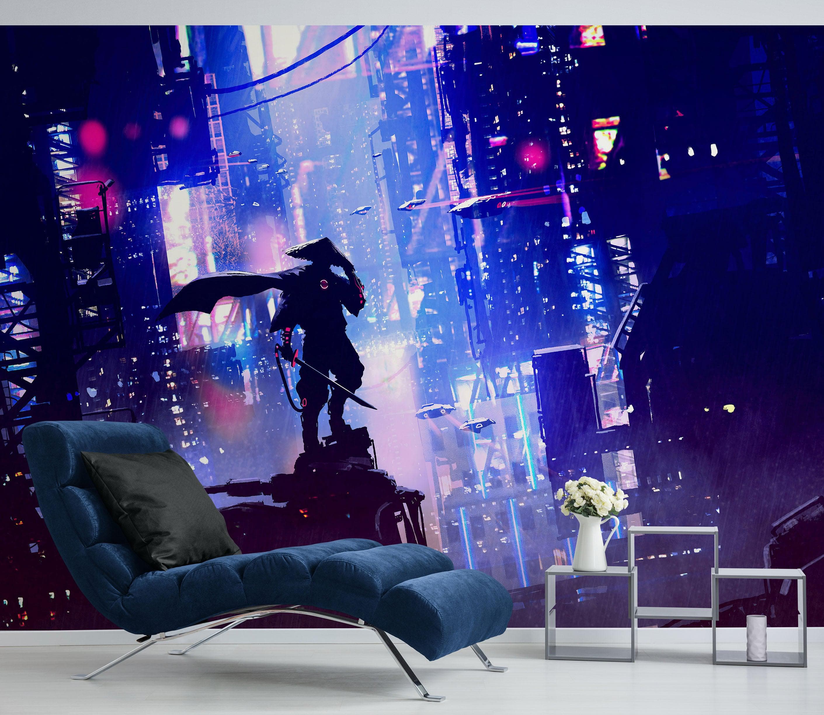 Mural de pared de samuráis japoneses en una ciudad futurista ciberpunk de Japón. #6452