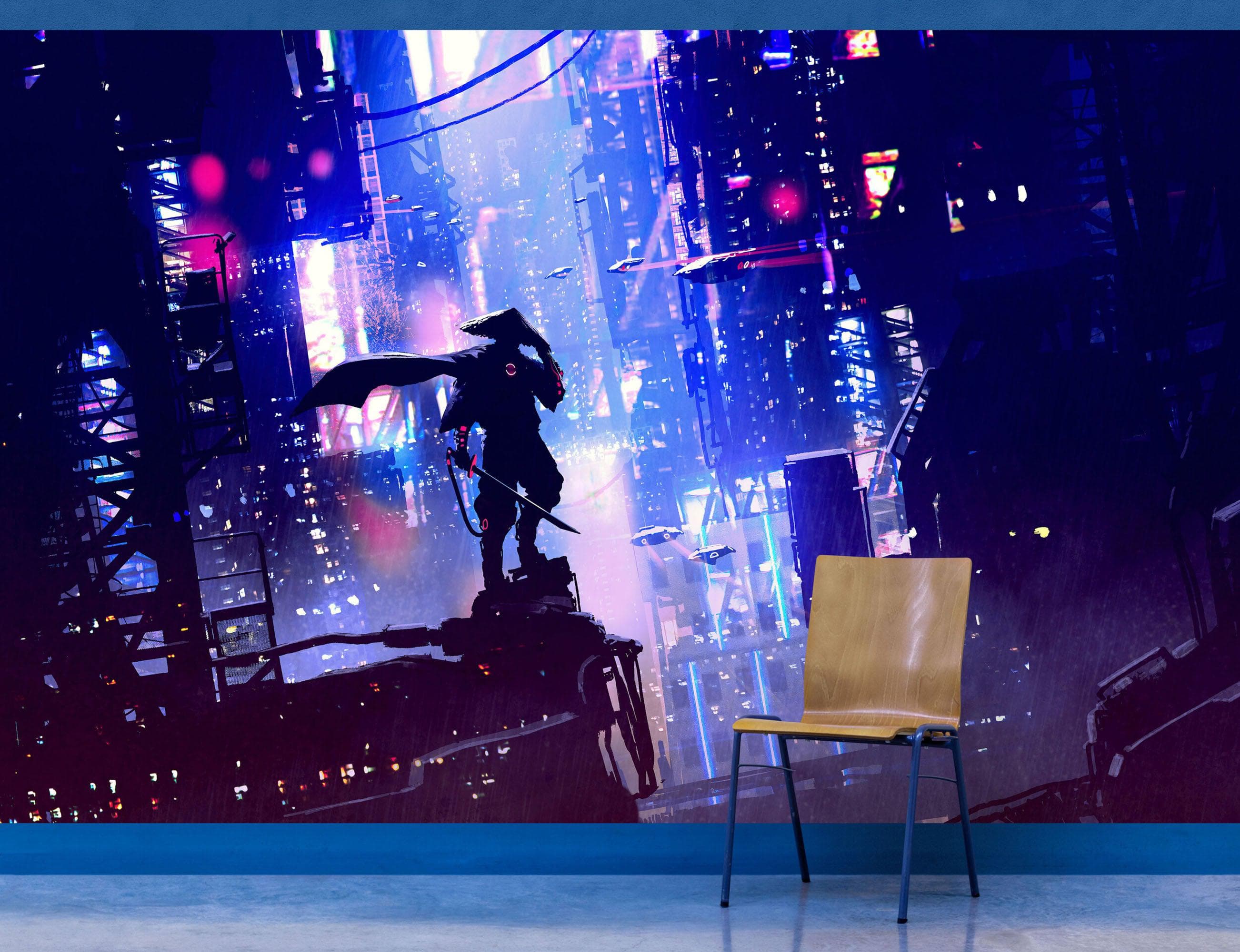 Mural de pared de samuráis japoneses en una ciudad futurista ciberpunk de Japón. #6452