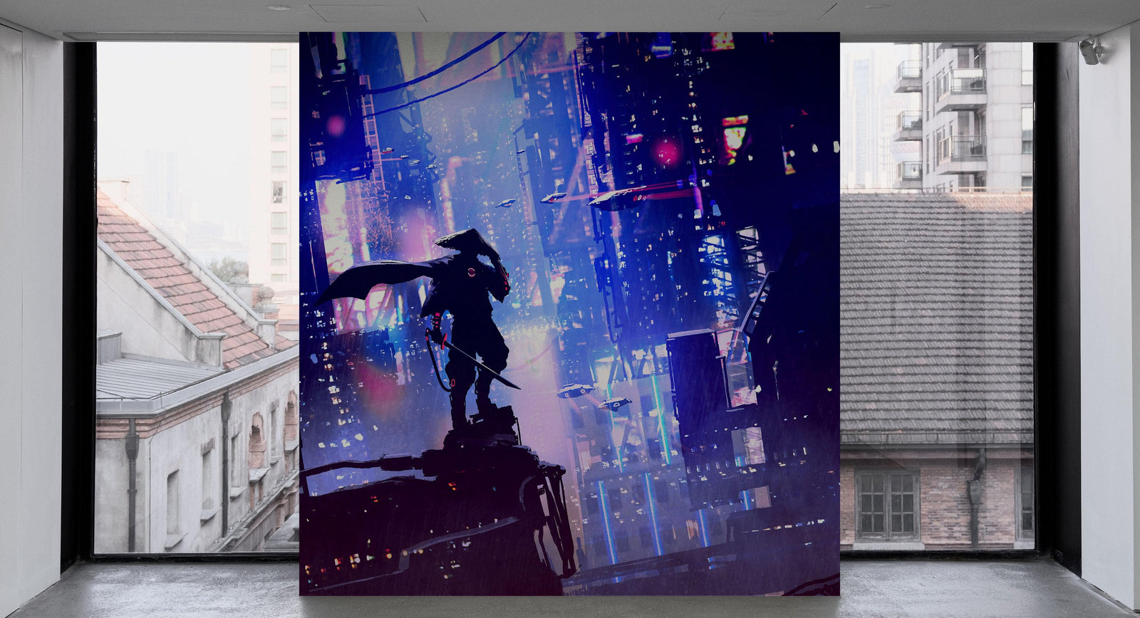Mural de pared de samuráis japoneses en una ciudad futurista ciberpunk de Japón. #6452