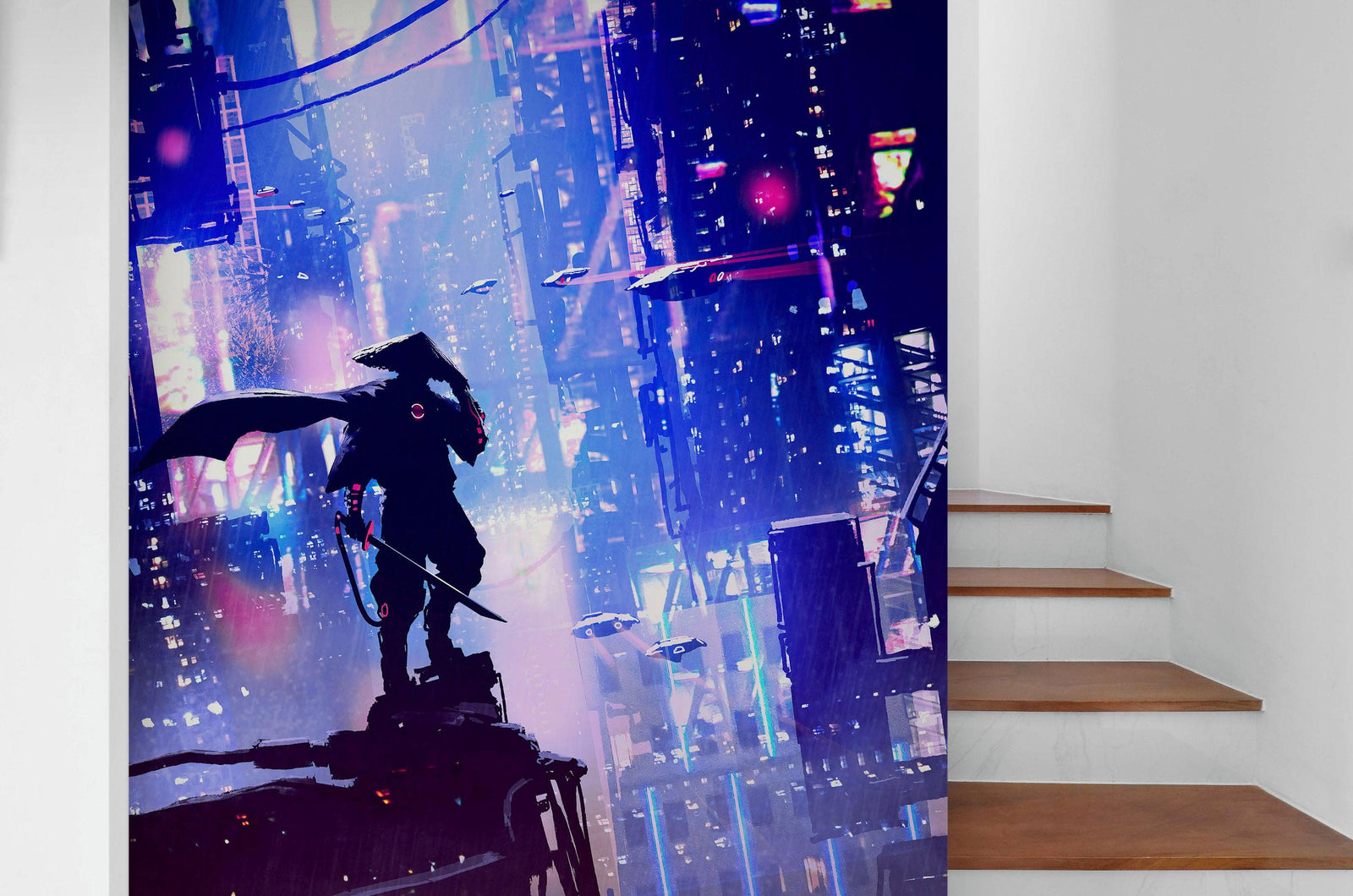 Mural de pared de samuráis japoneses en una ciudad futurista ciberpunk de Japón. #6452