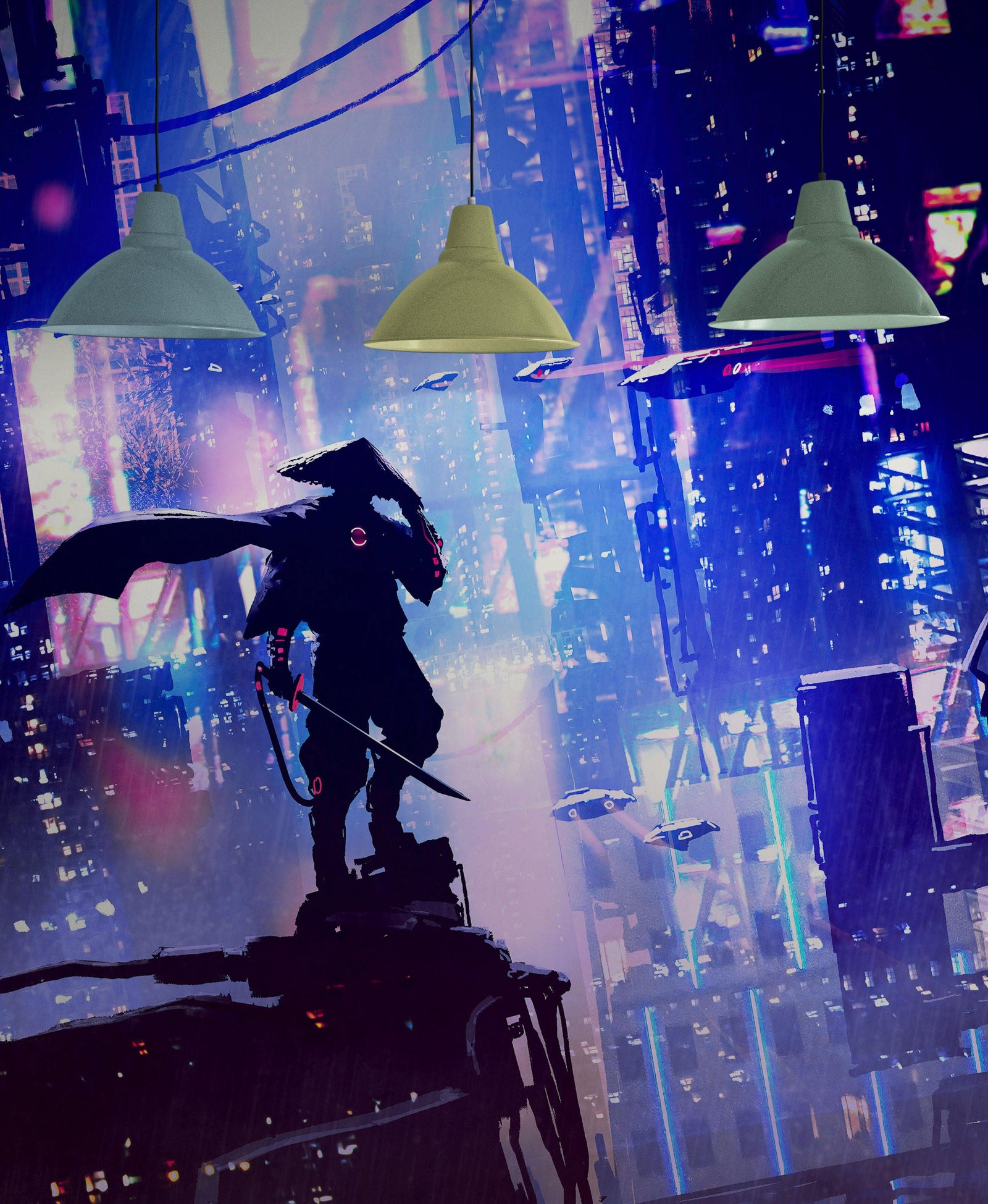 Mural de pared de samuráis japoneses en una ciudad futurista ciberpunk de Japón. #6452