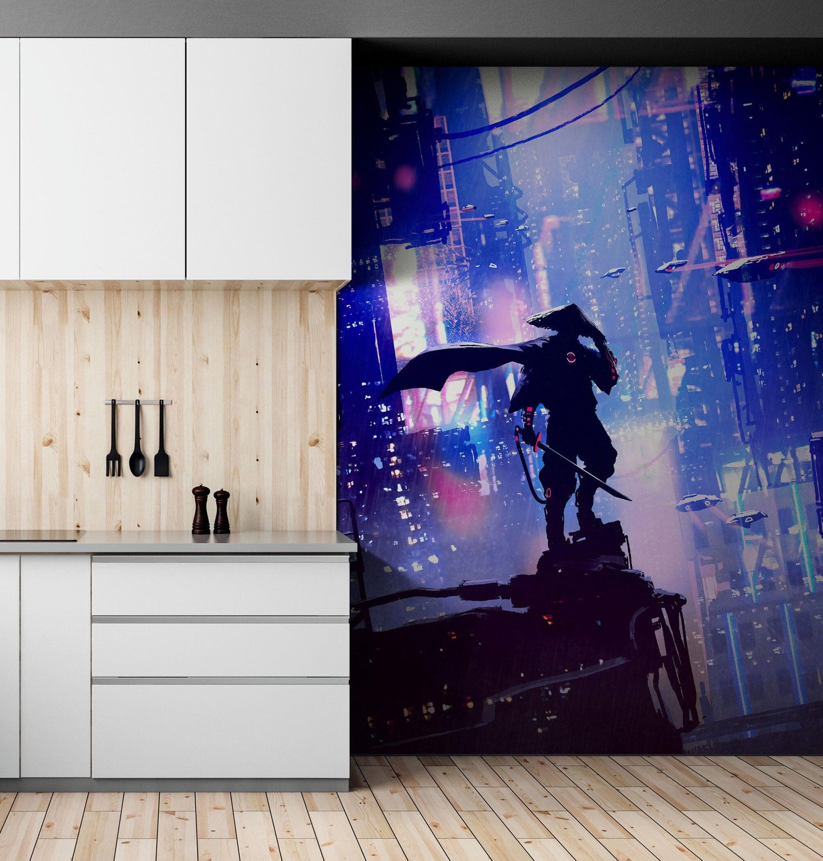 Mural de pared de samuráis japoneses en una ciudad futurista ciberpunk de Japón. #6452