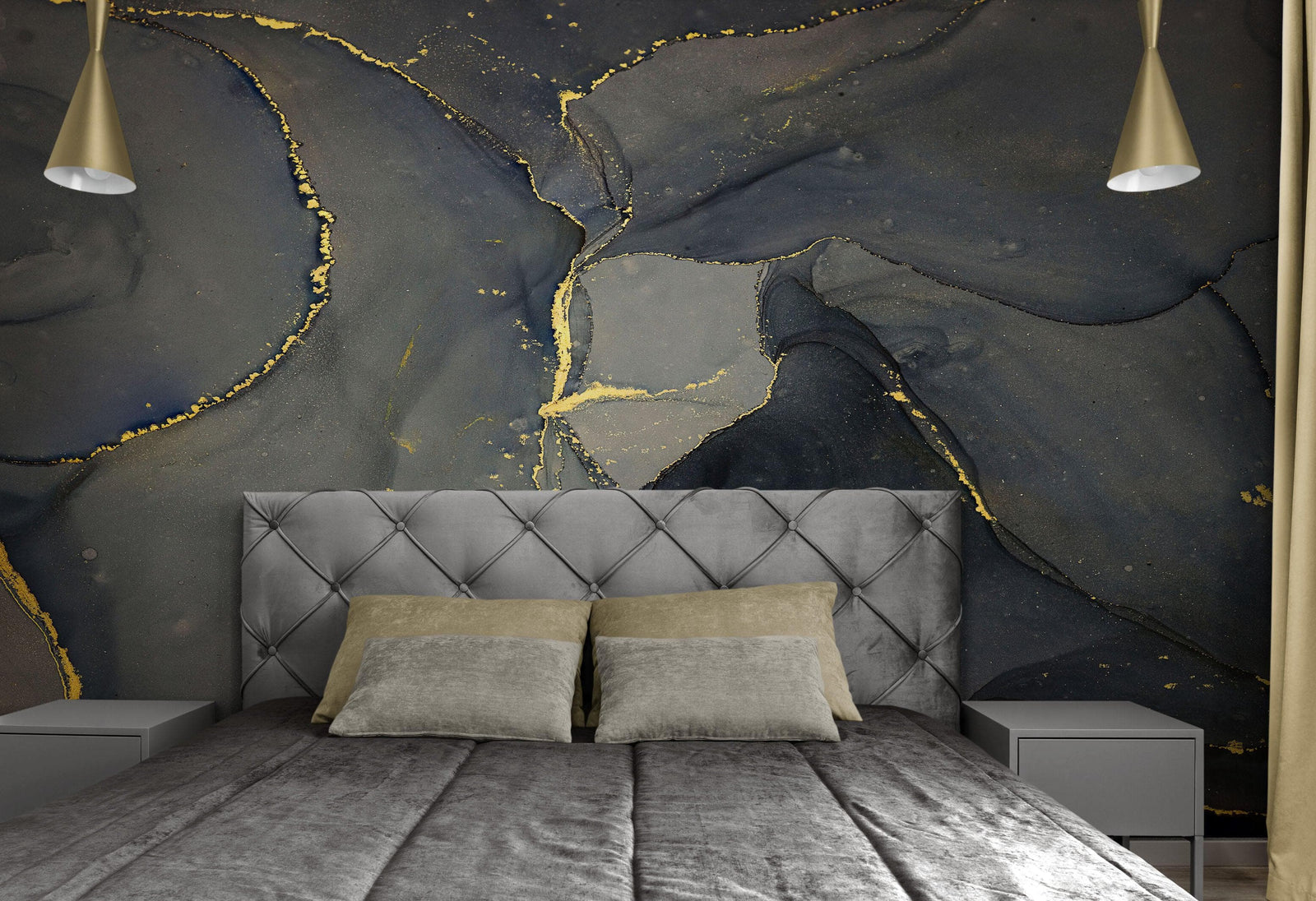 Mural de pared abstracto con diseño de mármol, ágata negra y dorada. Papel pintado autoadhesivo y extraíble. #6454