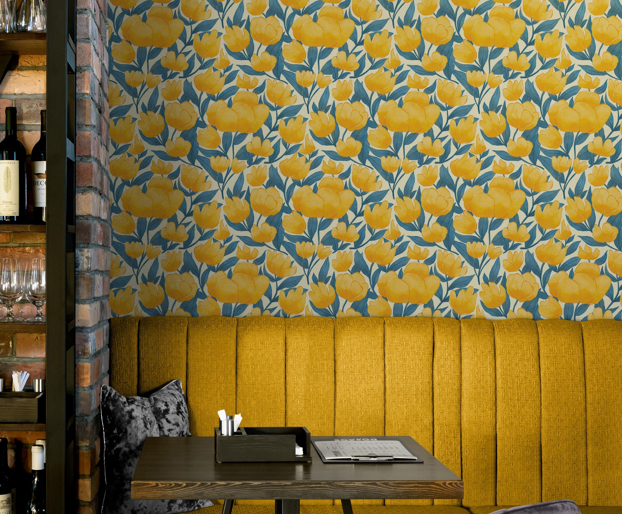 Mural de pared con fondo de flores amarillas. #6456