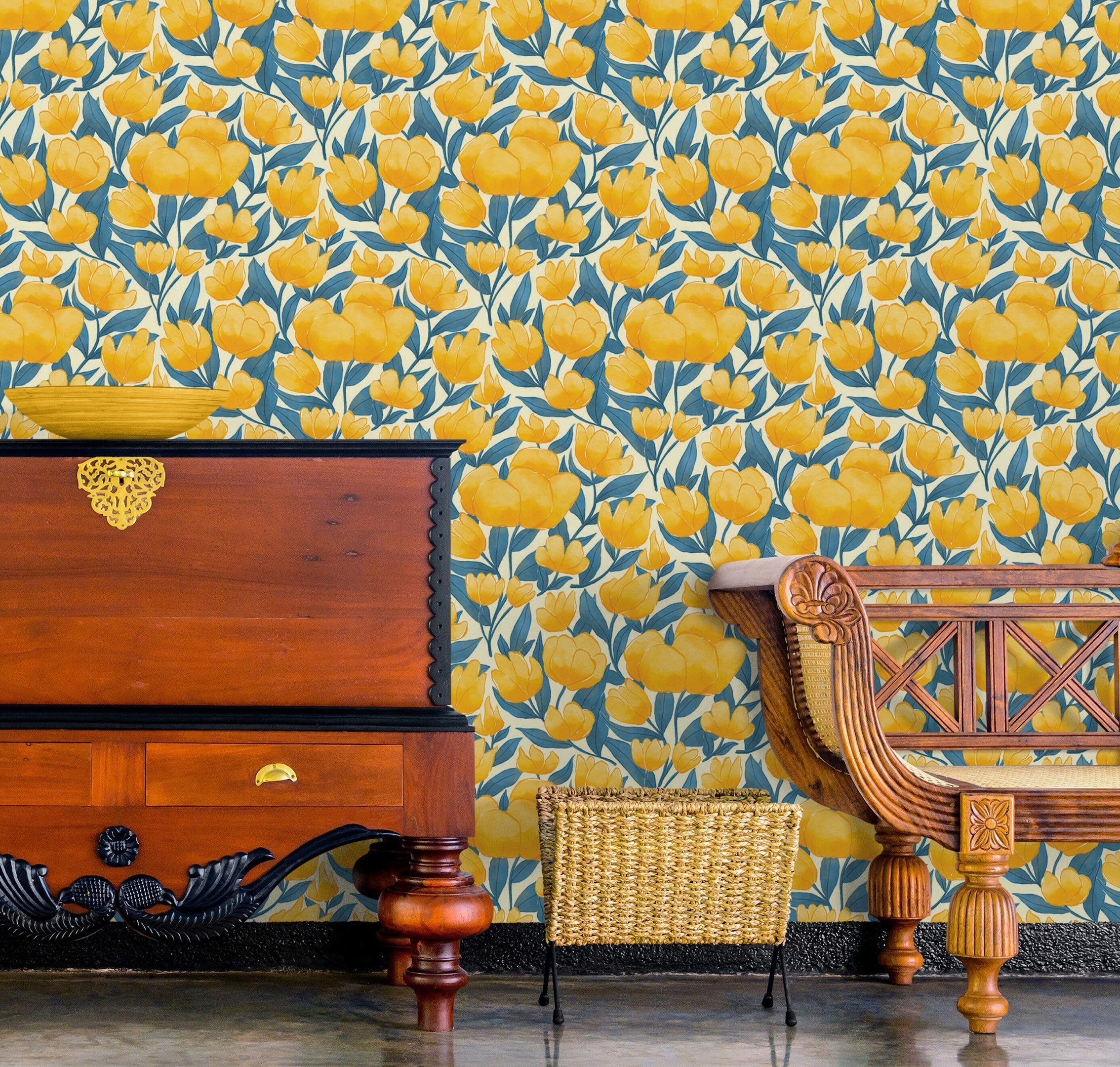 Mural de pared con fondo de flores amarillas. #6456