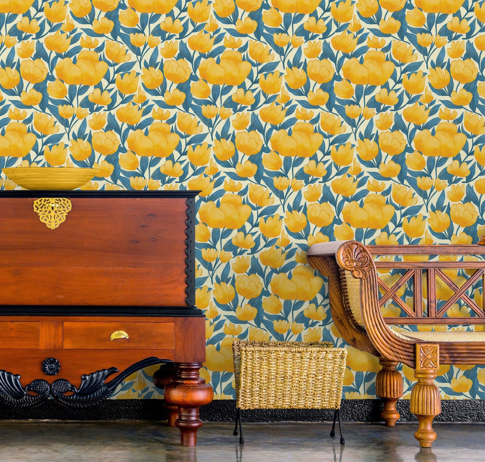 Mural de pared con fondo de flores amarillas. #6456