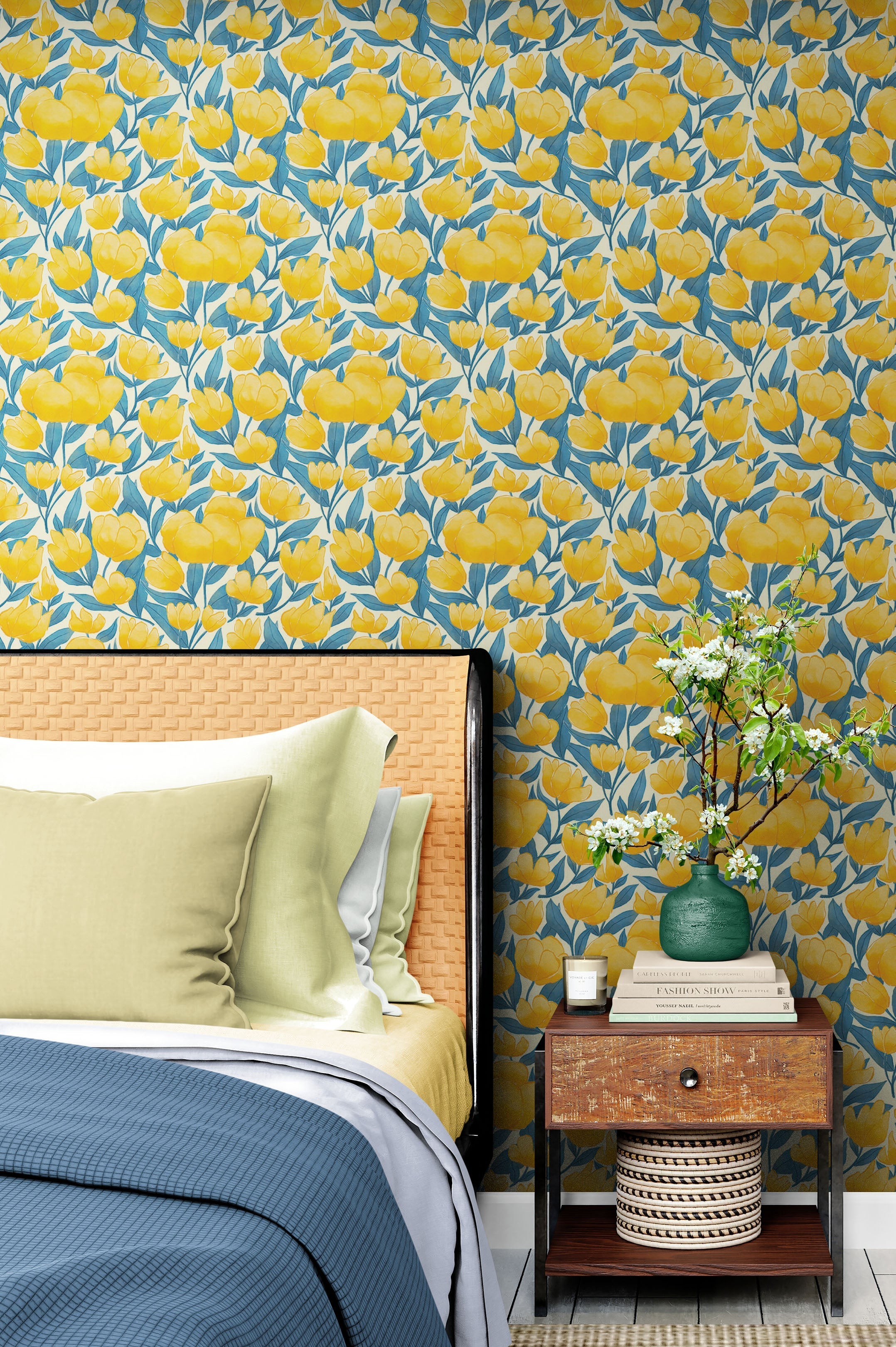 Mural de pared con fondo de flores amarillas. #6456