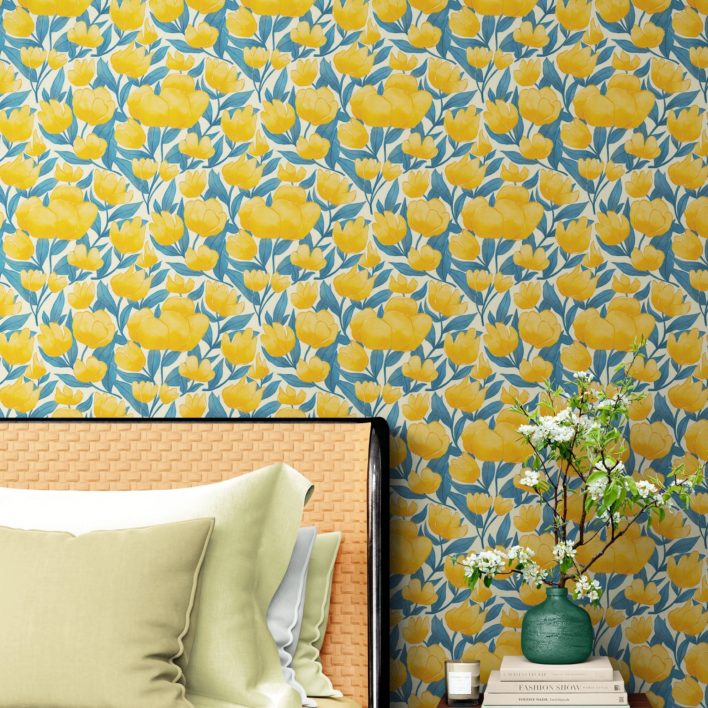 Mural de pared con fondo de flores amarillas. #6456