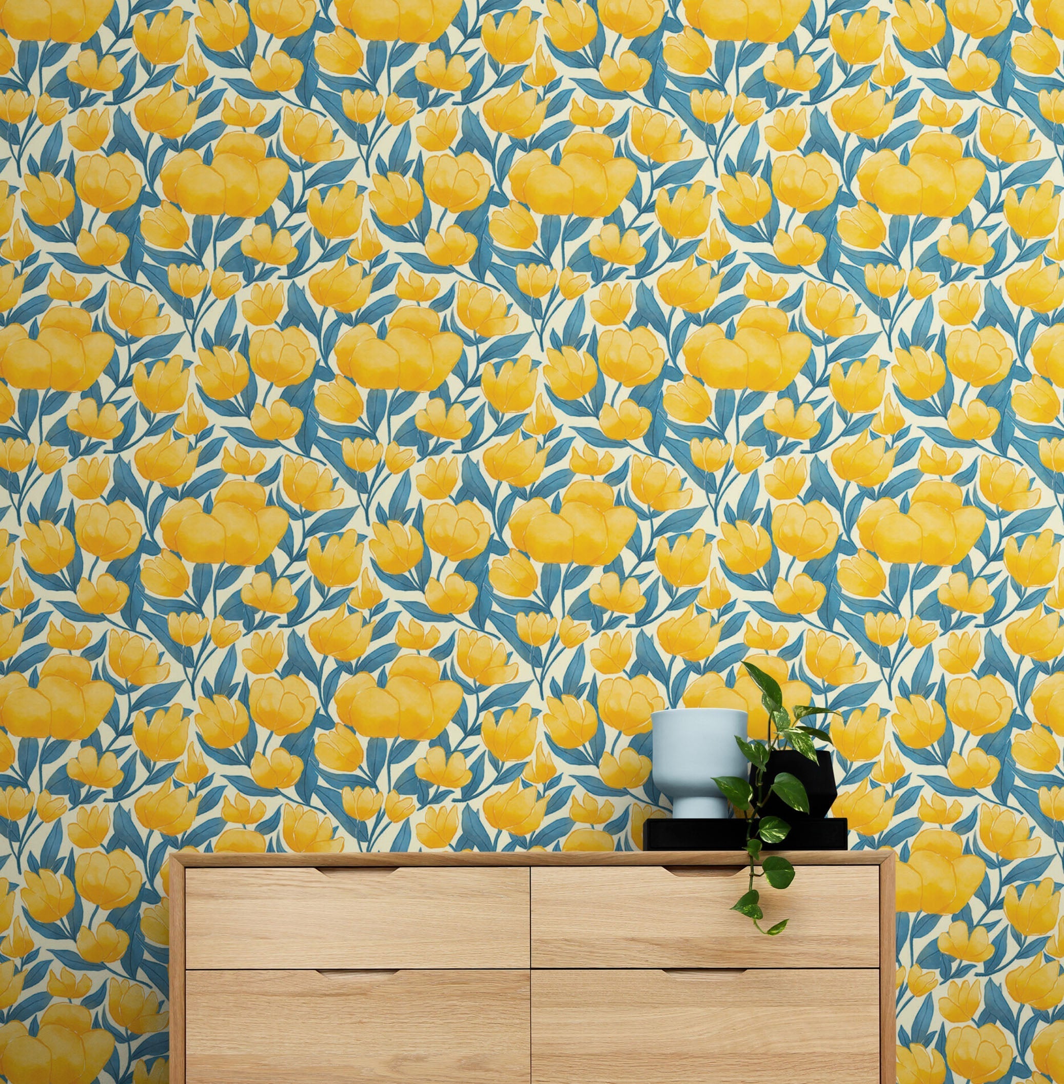 Mural de pared con fondo de flores amarillas. #6456