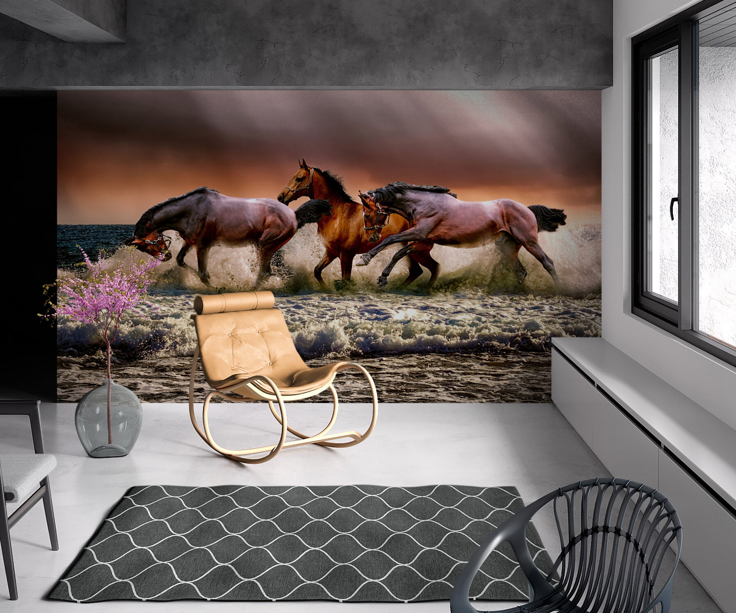 Mural de pared con caballos salvajes galopando en la playa. Papel pintado autoadhesivo. #6458