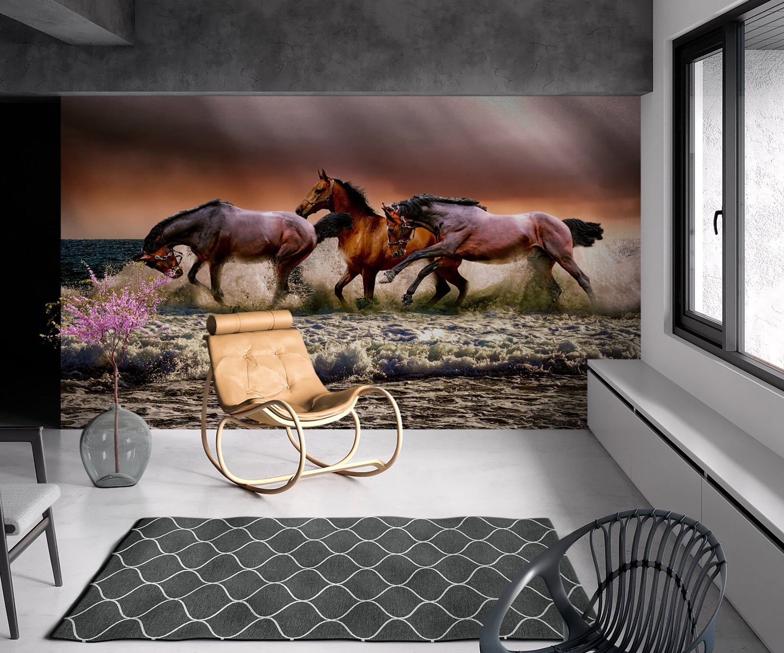 Mural de pared con caballos salvajes galopando en la playa. Papel pintado autoadhesivo. #6458