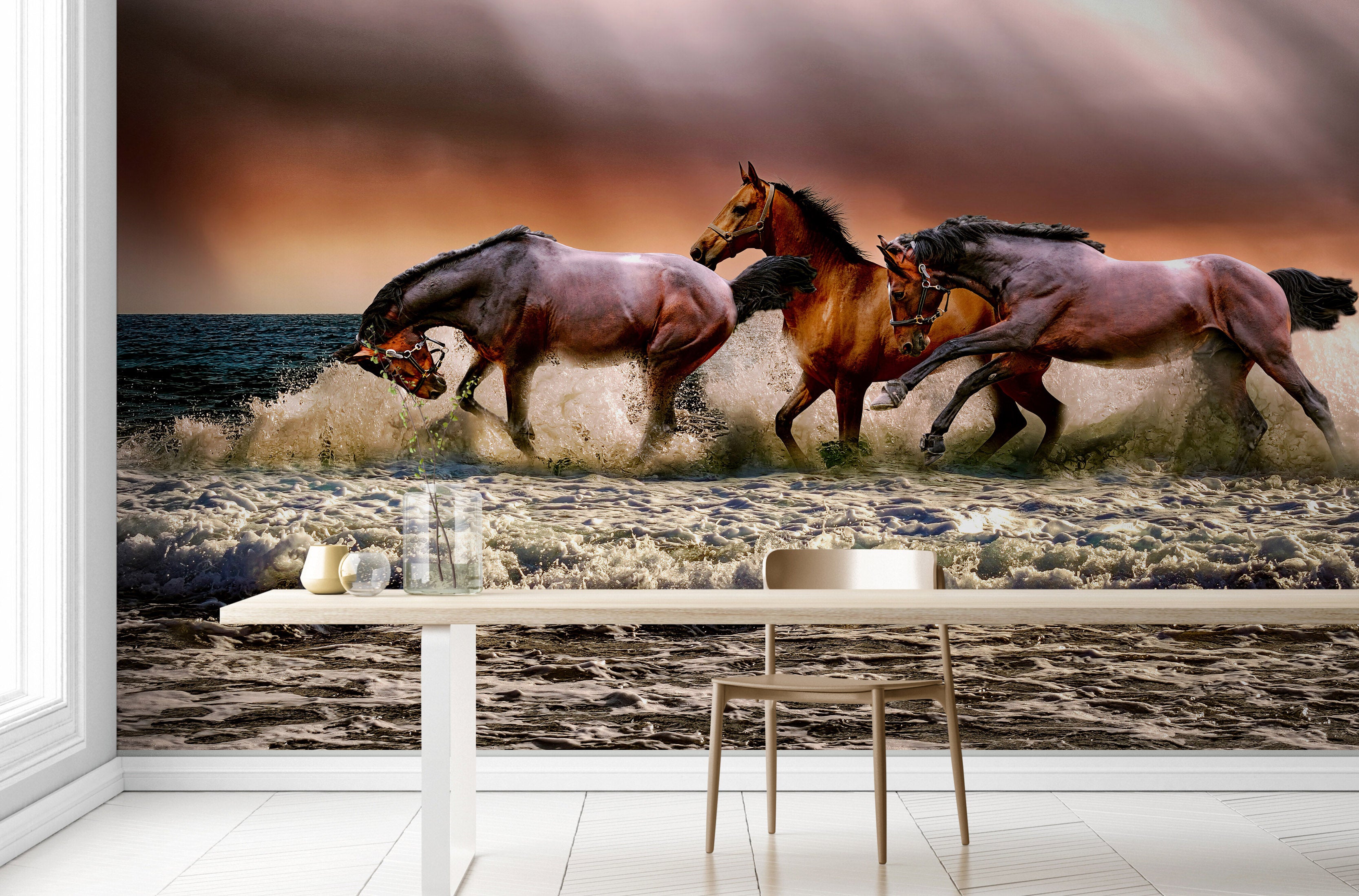 Mural de pared con caballos salvajes galopando en la playa. Papel pintado autoadhesivo. #6458