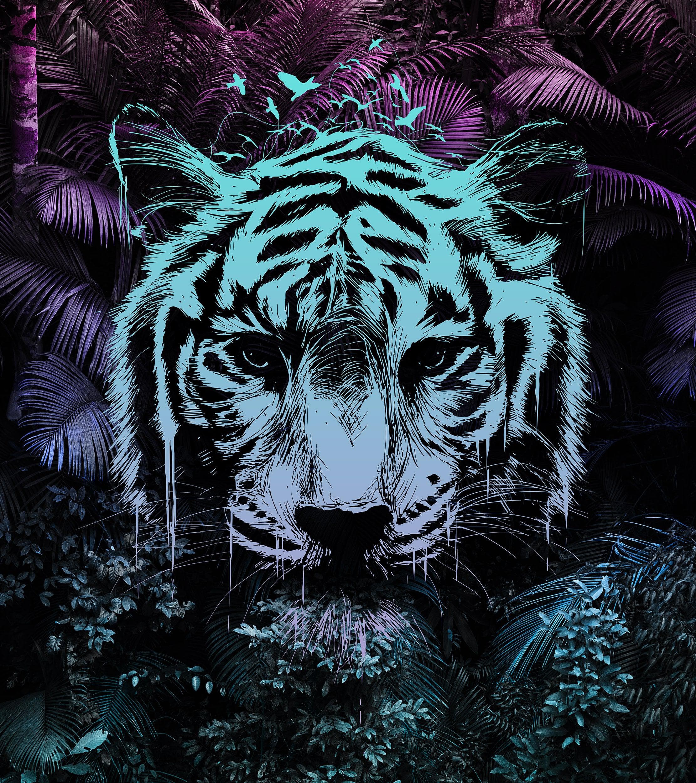 Mural de pared de tigre en la selva tropical. Decoración moderna con colores neón. N.º 6459