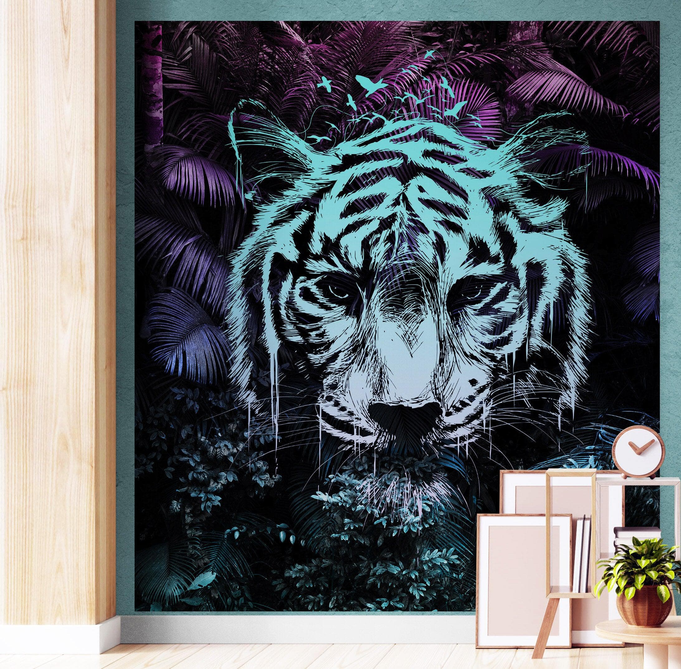 Mural de pared de tigre en la selva tropical. Decoración moderna con colores neón. N.º 6459