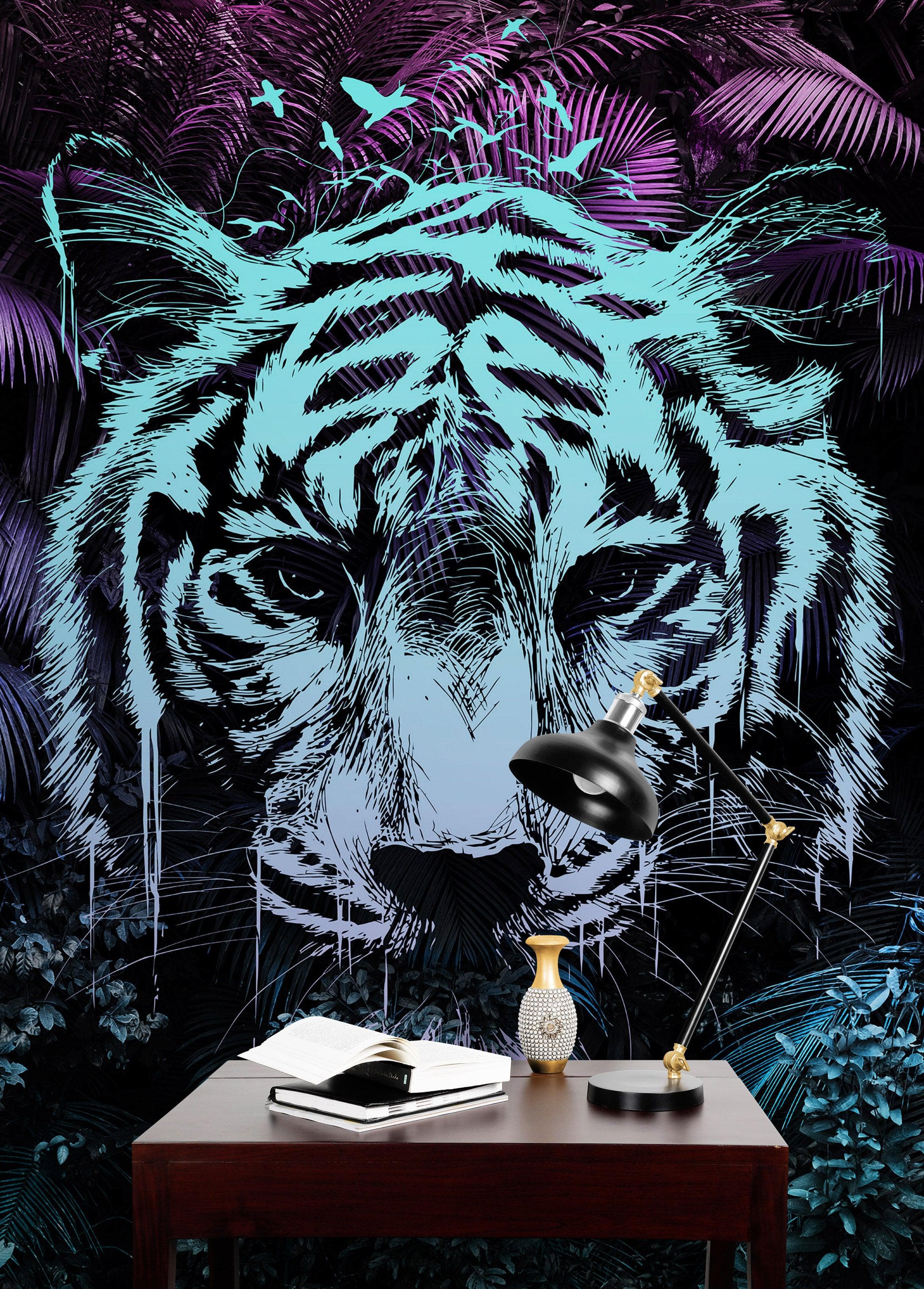 Mural de pared de tigre en la selva tropical. Decoración moderna con colores neón. N.º 6459
