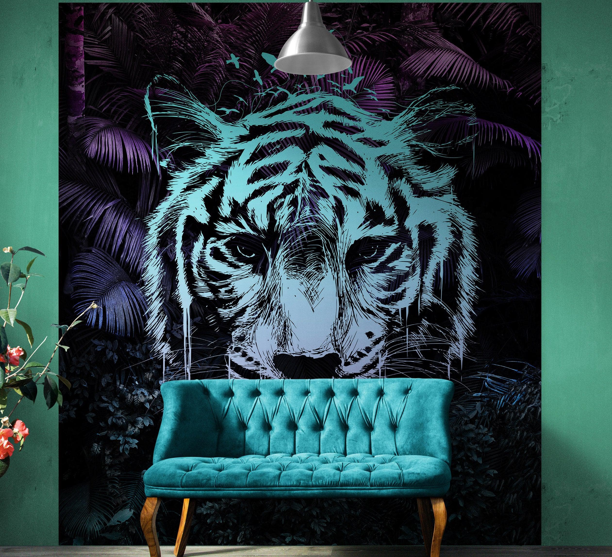 Mural de pared de tigre en la selva tropical. Decoración moderna con colores neón. N.º 6459