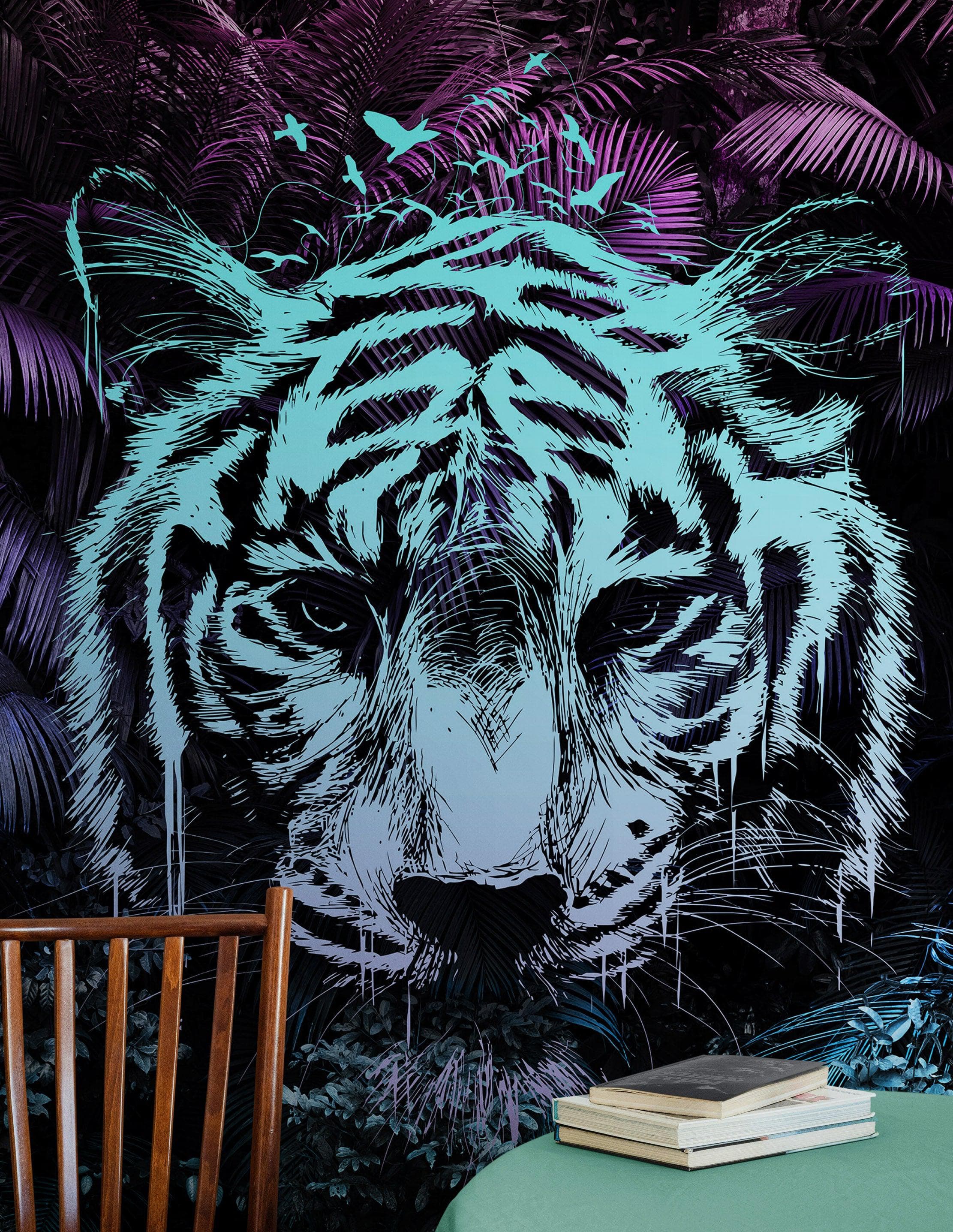 Mural de pared de tigre en la selva tropical. Decoración moderna con colores neón. N.º 6459