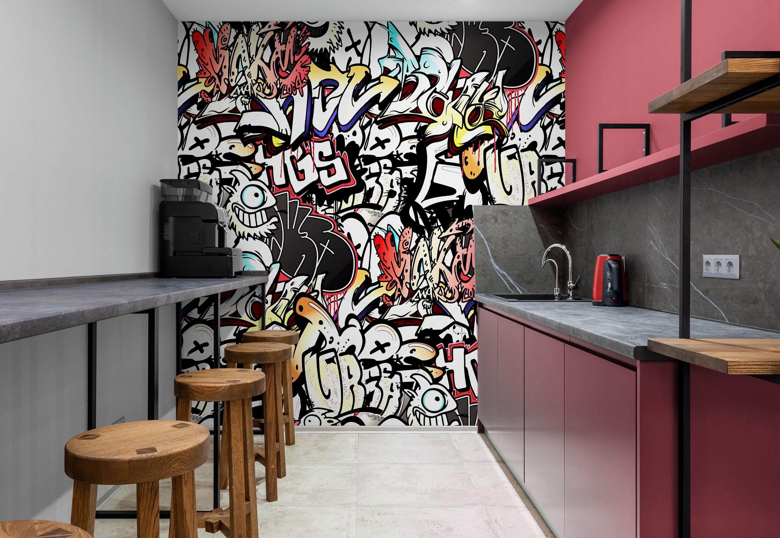 Mural de pared con arte de grafiti. Obra de arte callejero con temática urbana. N.º 6462