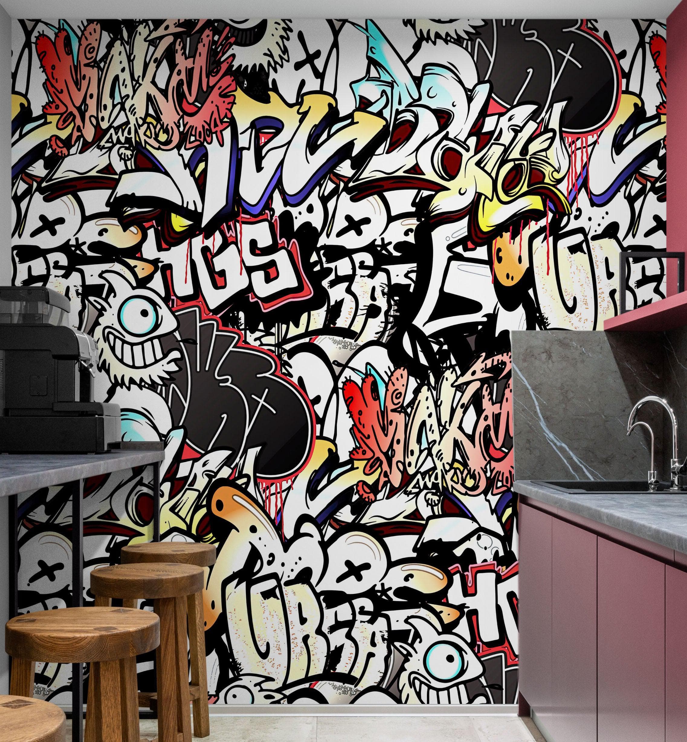 Mural de pared con arte de grafiti. Obra de arte callejero con temática urbana. N.º 6462