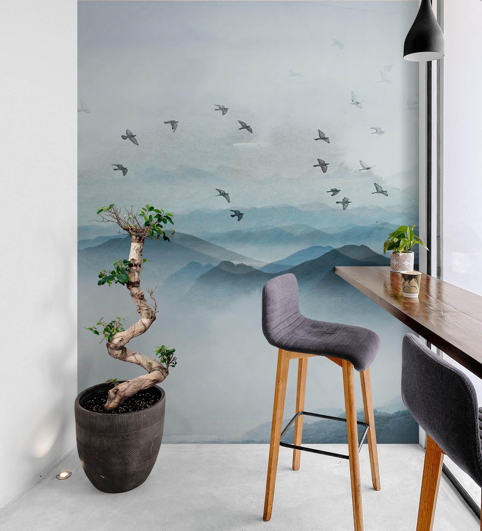 Mural de pared de pájaros migrando sobre una montaña. Papel tapiz despegable y adhesivo con temática asiática. #6467