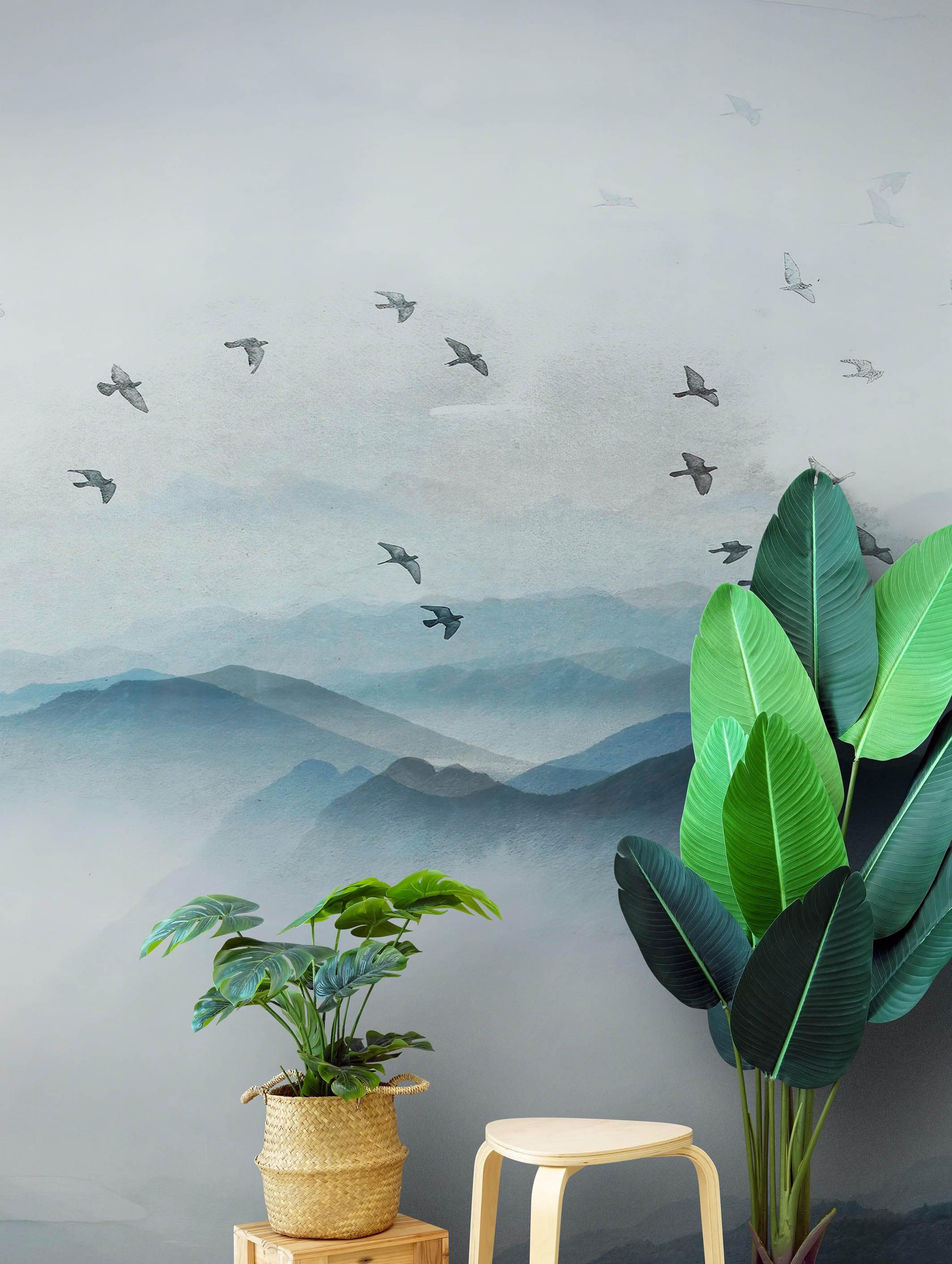 Mural de pared de pájaros migrando sobre una montaña. Papel tapiz despegable y adhesivo con temática asiática. #6467