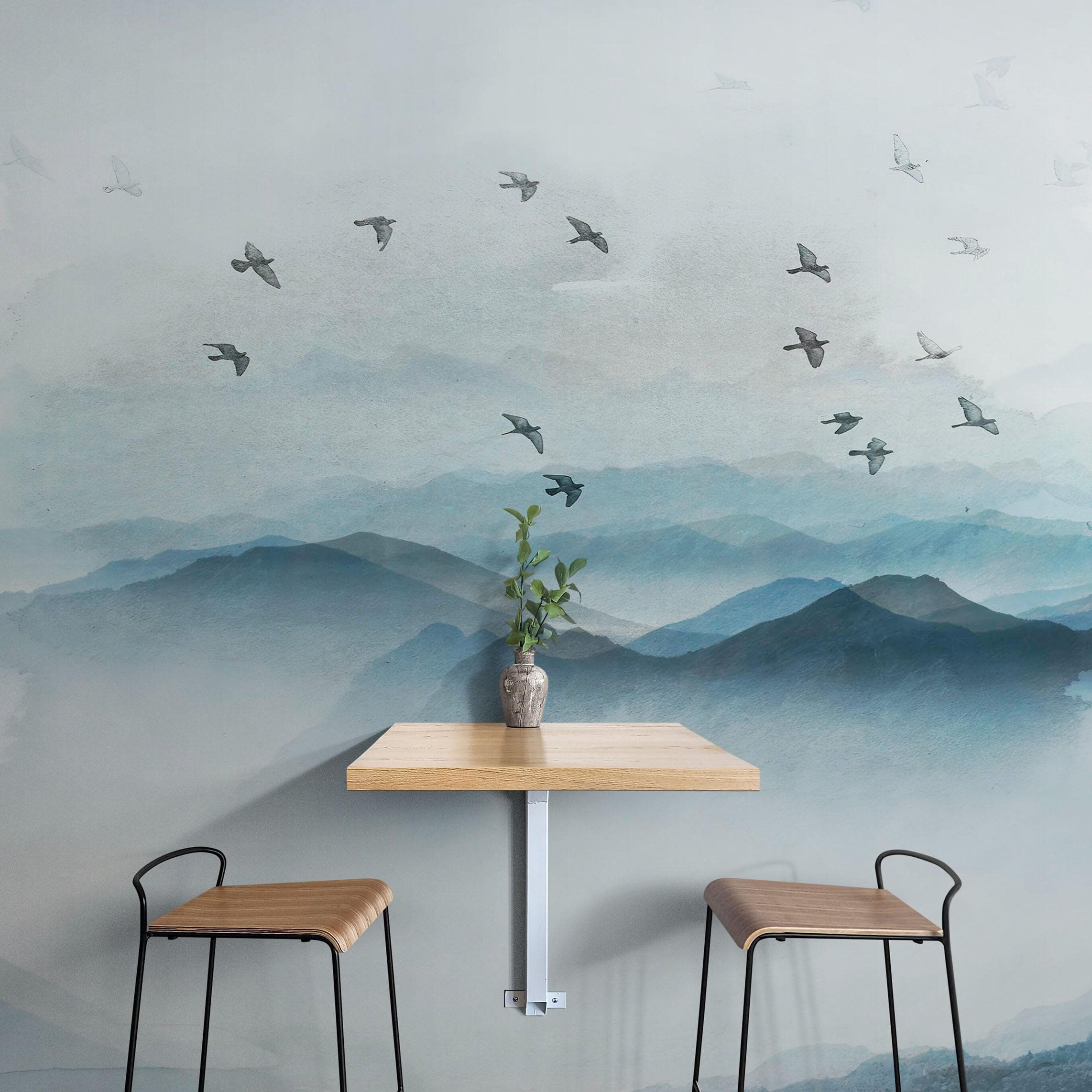 Mural de pared de pájaros migrando sobre una montaña. Papel tapiz despegable y adhesivo con temática asiática. #6467