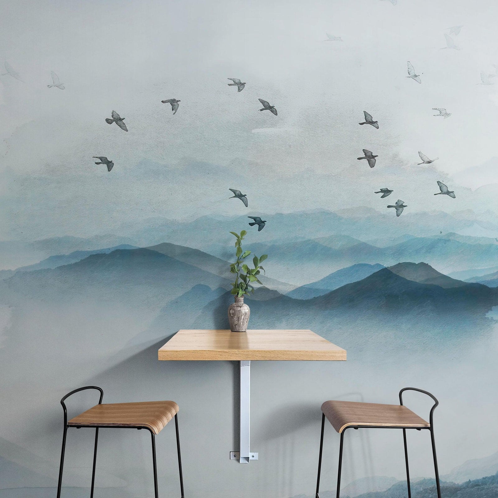 Mural de pared de pájaros migrando sobre una montaña. Papel tapiz despegable y adhesivo con temática asiática. #6467